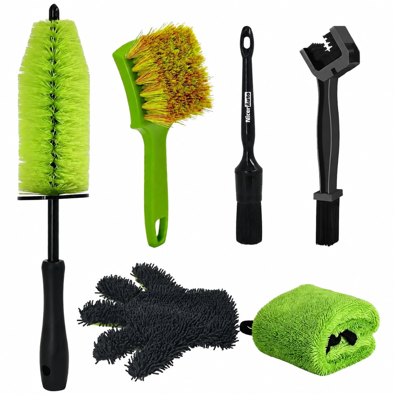 NicerAuto 6PCS Motorcycle Cleaning Kit, Bendable Wheel Brush, Vibrant Green