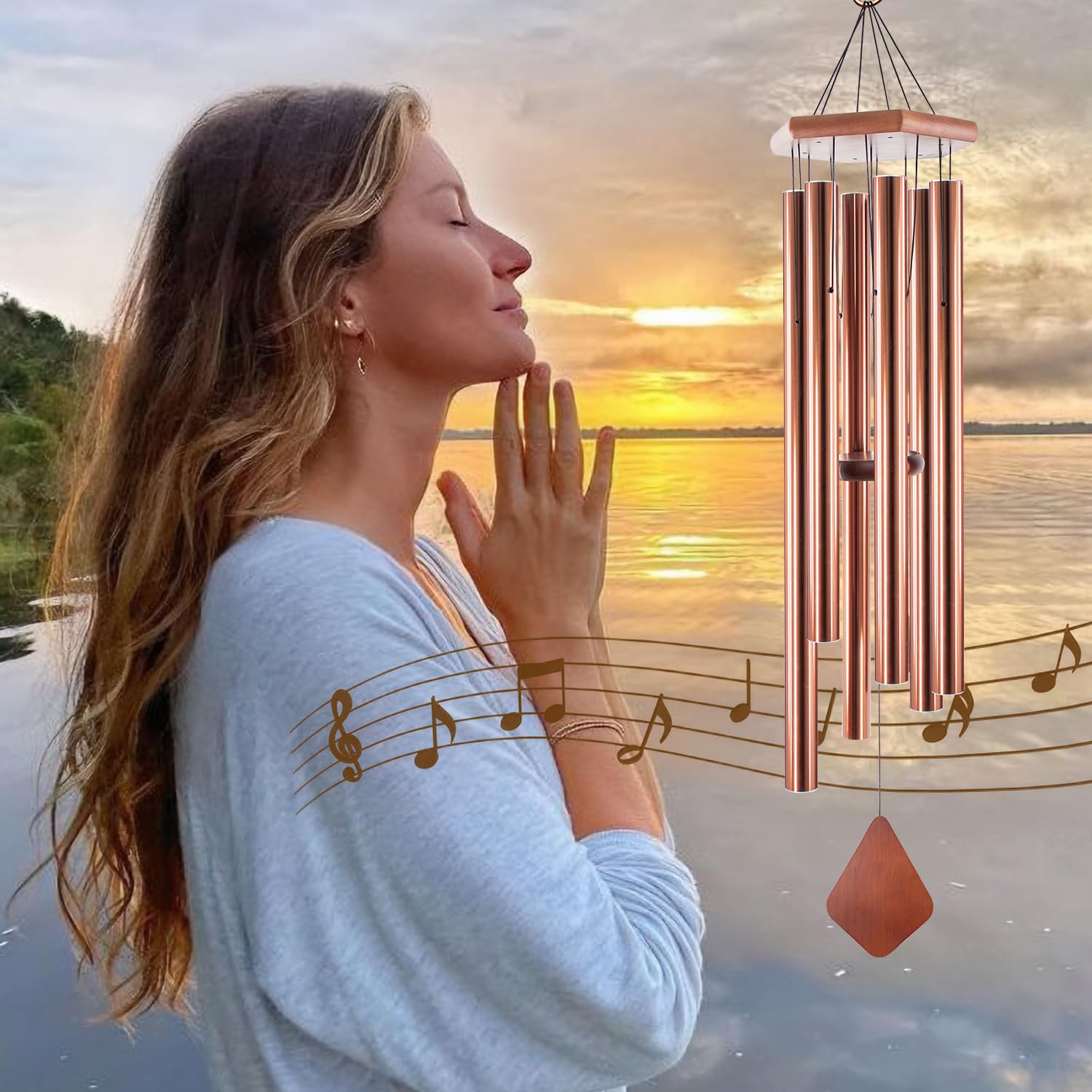 Große Outdoor-Windspiele, tiefer Ton, 111,8 cm, Trost spendendes Windspiel, gestimmte beruhigende Melodie, Gedenk-Windspiel mit 6 schweren Röhren für Außendekoration, Garten/Hof Kupfer.