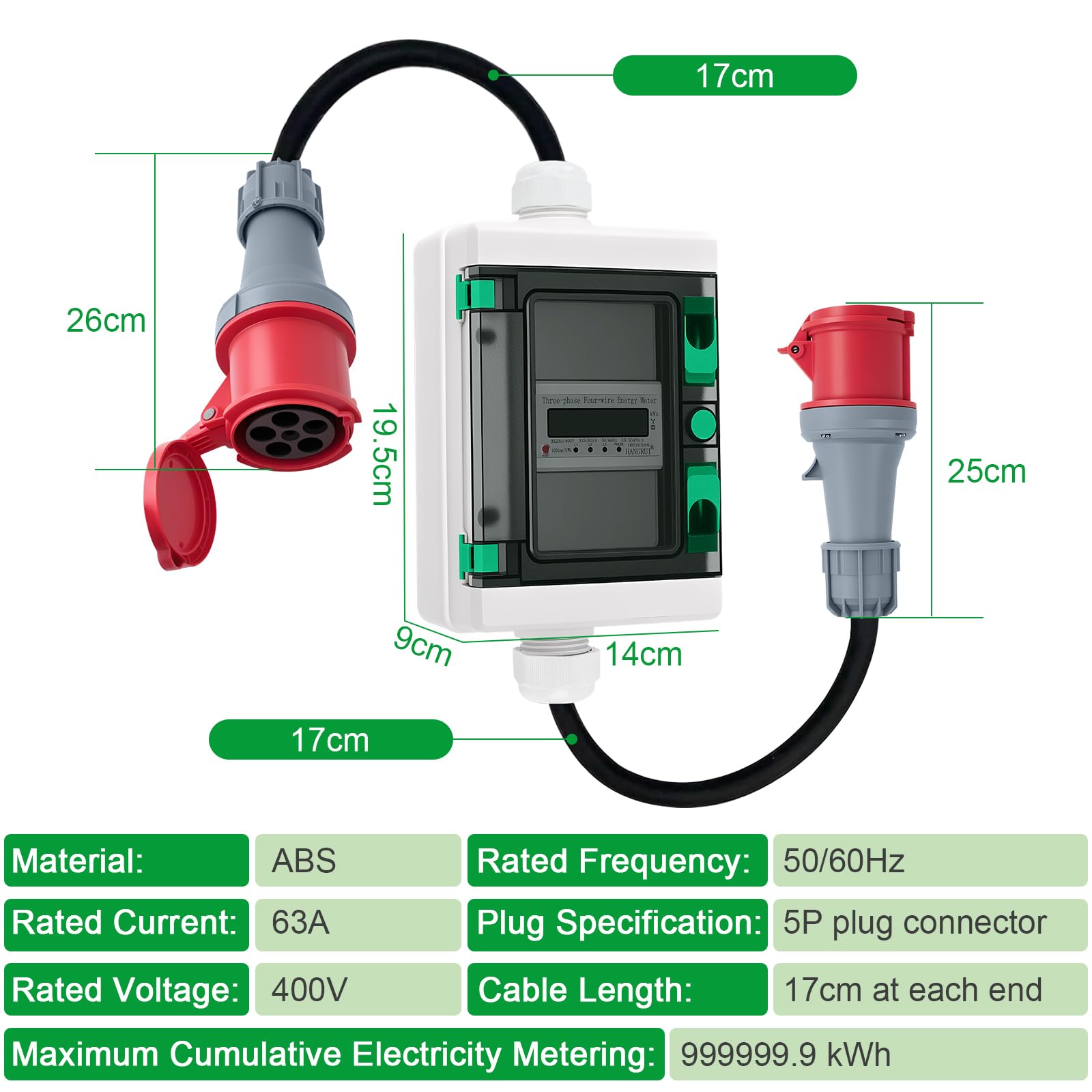 Contatore Elettrico Digitale Mobile portatile trifase 63A misuratore di consumo elettrico Spina CEE 5P 400V Contatore energia elettrica digitale 3 Fase con funzione di reset H07RN-F 5×6mm²cavo IP66