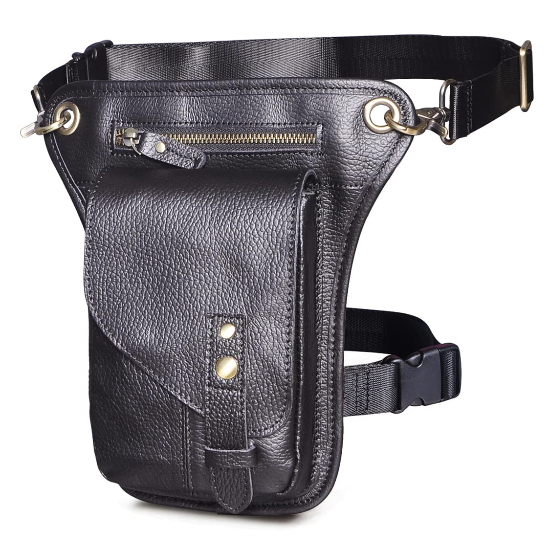 Herren Womens Echte Leder -Motorrad -Motorrad -Wanderwanderung Taille Pack Bein Oberschenkel Kreuz über Messengerbeutel (Schwarz)