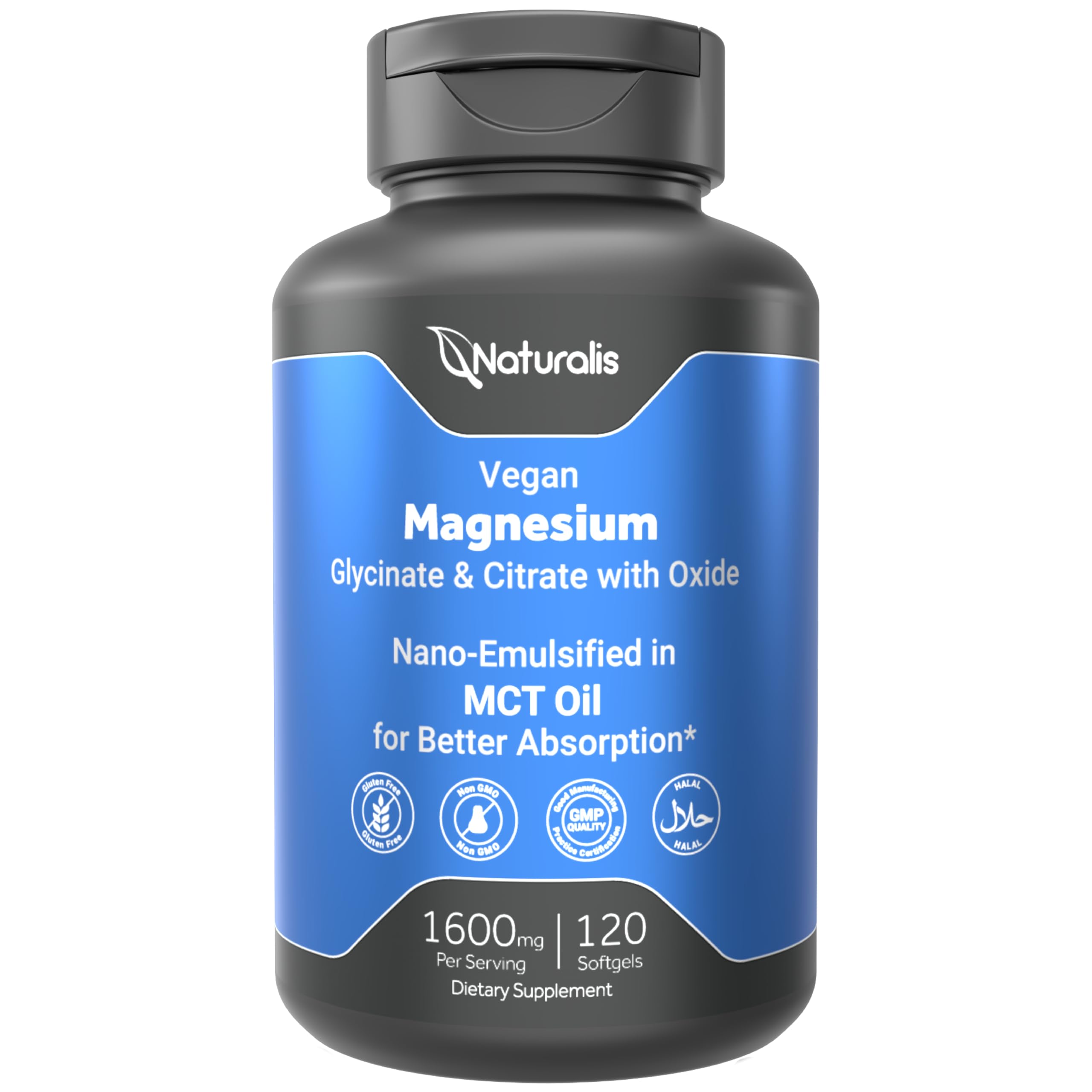Naturalis Vegan Magnesium 120-Softgel | Chelated Glycinate, Citrate & Oxide 120 Count (Pack of 1)