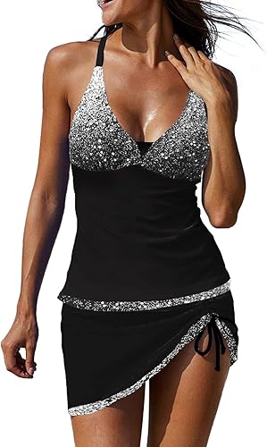 REKITA Traje de baño sexy tankini con falda traje de baño de 2 piezas con bloques de color para mujer