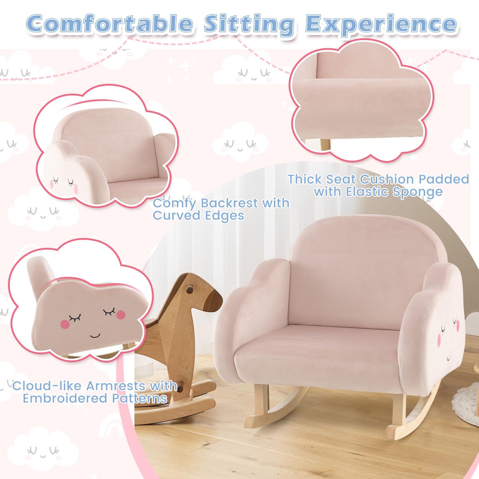 Sedia A Dondolo Bambini 3-5 Anni - Poltrona Imbottita Con Base Legno, Rosa, 50kg Max - Foto 11