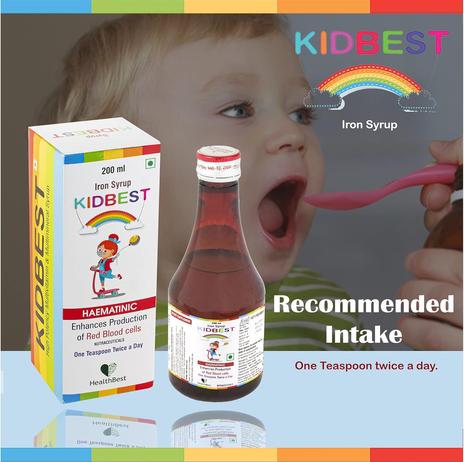 HealthBest Kidbest Iron (Haematinic) Syrup, Zinc, Folic Acid, 200 ML (Pack of 2)