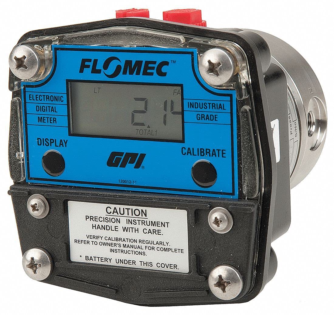 Front view of the Flomec Oval Gear Flowmeter with a blue display showing '2.14 TOTAL1' and 'FLOMEC' logo. A caution label is visible below the display.