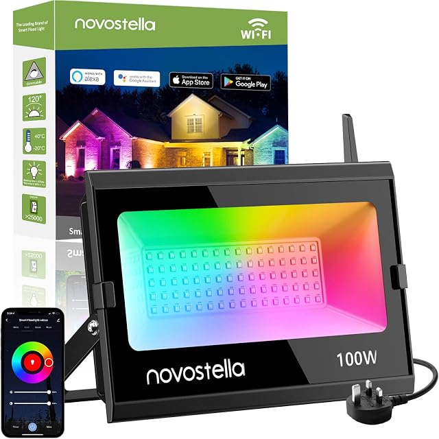Novostella 100W RGB Floodlight Outdoor Super Bright, Smart WiFi APP Control Dimmable Color Changing Garden LED Light, Compatible Alexa Google Assistant, Timing, IP66 Waterproof for Yard, Porch, Lawn