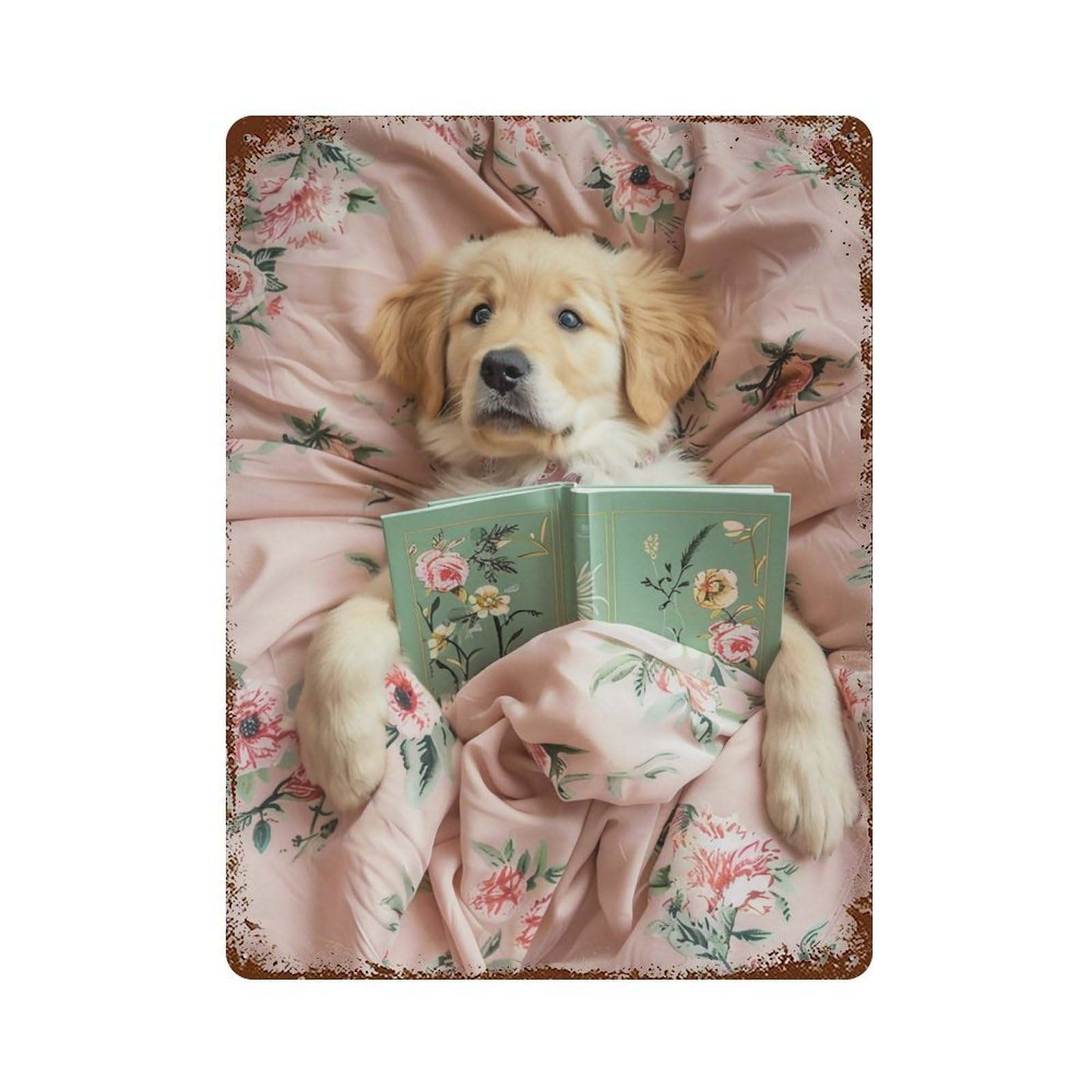 FHUYEURHRY Cute Golden Retriever Puppy Reading 03 Wall Decor Retro Iron Vintage Art Metal Tin Sign Poster Modern Home Cofffee Club Art Bar Shop Decorations Style-28 40x30cm