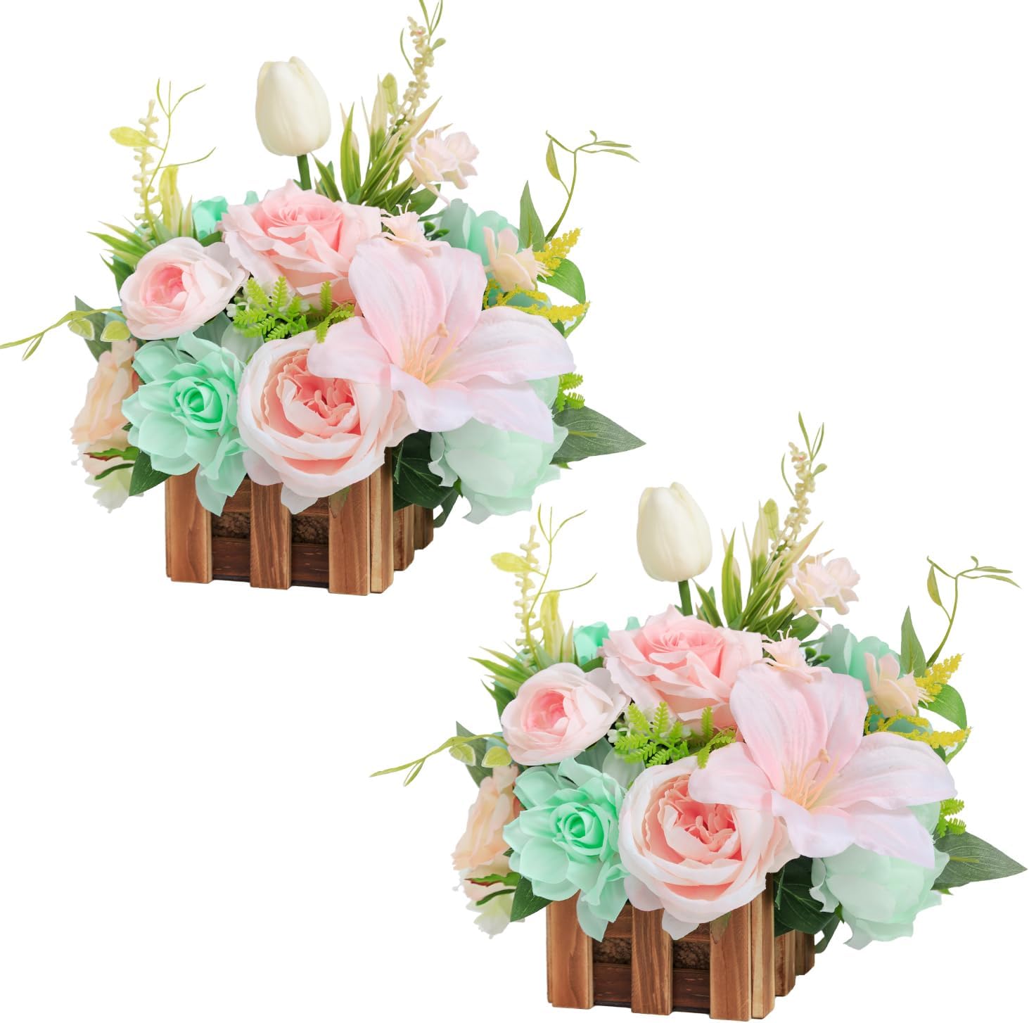TINGE TIME Wedding Centerpiece Flower with Basket, Set of 2 Large Artificial Flowers Floral Arrangement for Tabletop Mantel Archway Aisle (MintGreen&Pink)