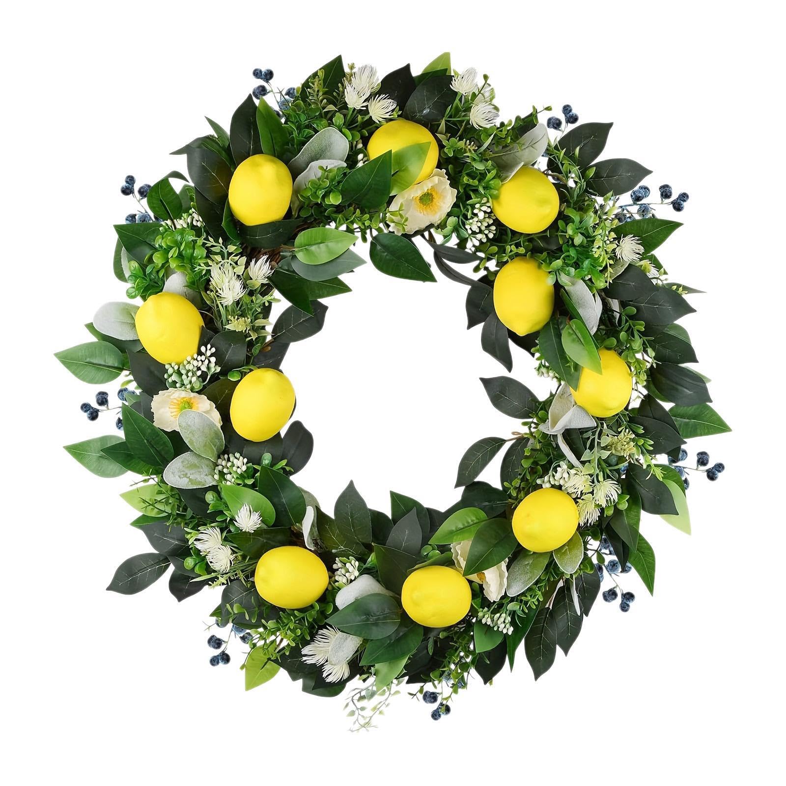 PIXZCSA Liven Up Front Door With Handmade Spring Wreath Farmhouse Wreath Garland Lemon Eye Catching And Elegant Front Door Artificial Spring Wreaths Green