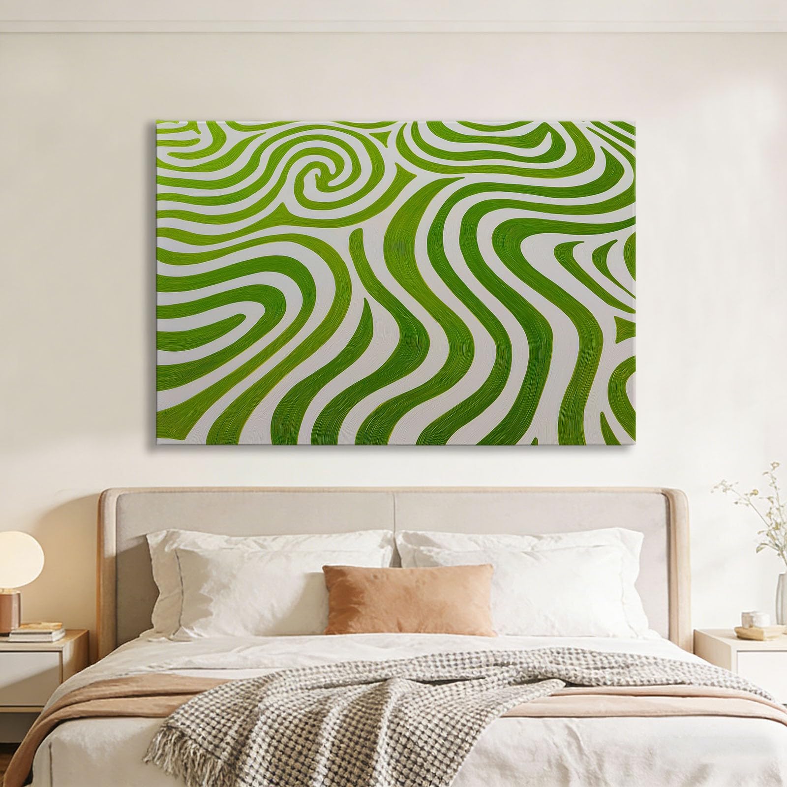 Genérico Cuadro Lienzo Decoracion Moderno Grande Rayas Verdes Onduladas 100x75cm Cuadros Decorativo con Marco, Cuadro Pared para Salon Dormitorio Baño Pasillo Hogar