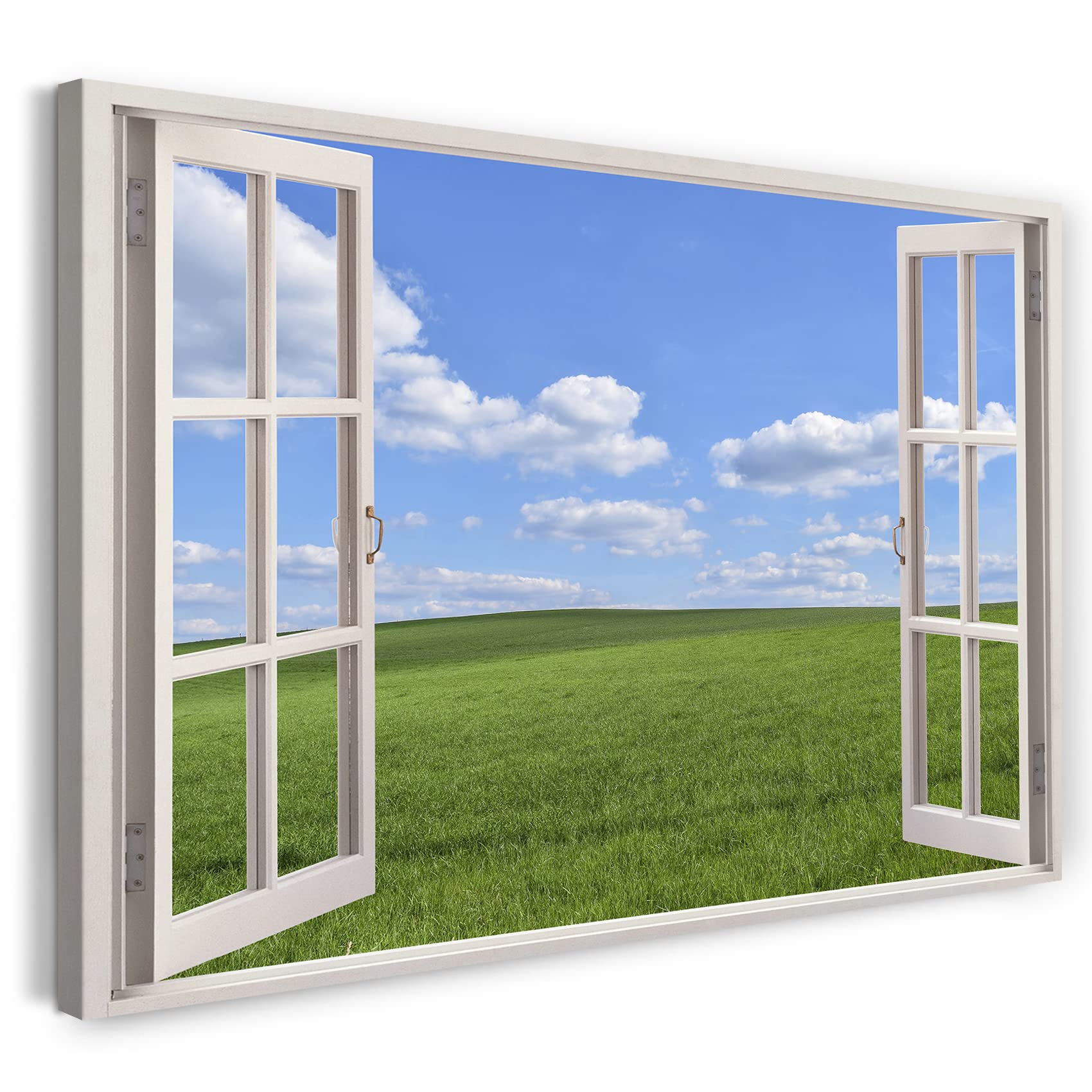 Print on Canvas (80x60 cm) view from the window - meadow windows sky natural landscape - nature photography, real wood frame with hook
