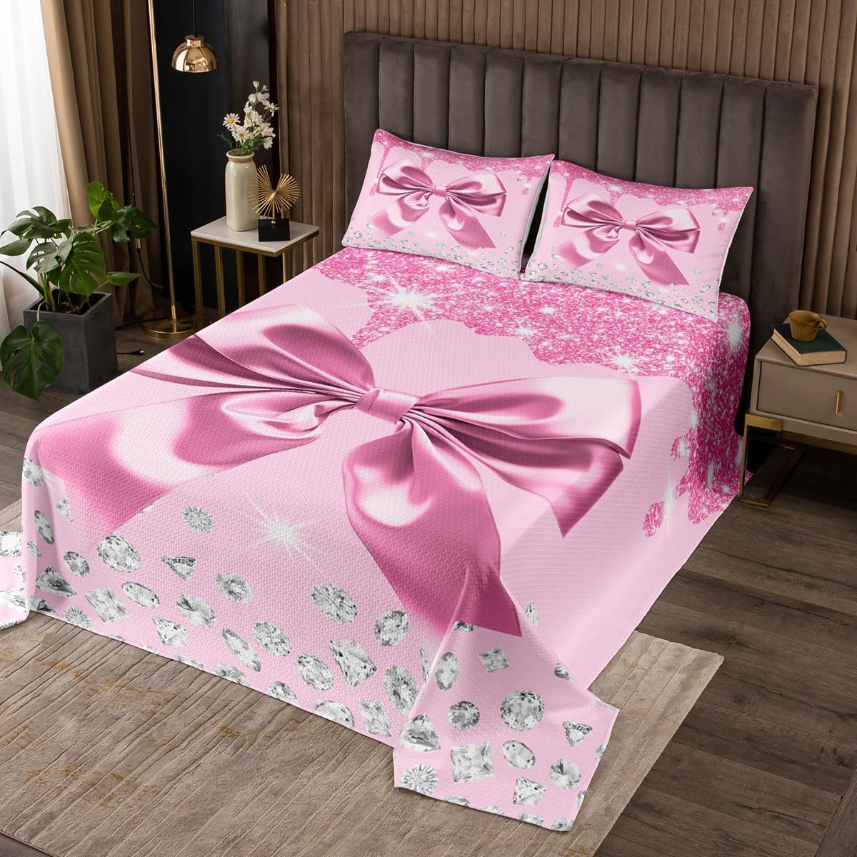 Watercolor Bow Bedspread Twin Size Kids Cute Bowknot Coverlet Set for Girls Teens Coquette Bows Quilted Coverlet Breathable Soft Lightweight Microfiber Dreamy Princess Style Room Decor Pink Silver