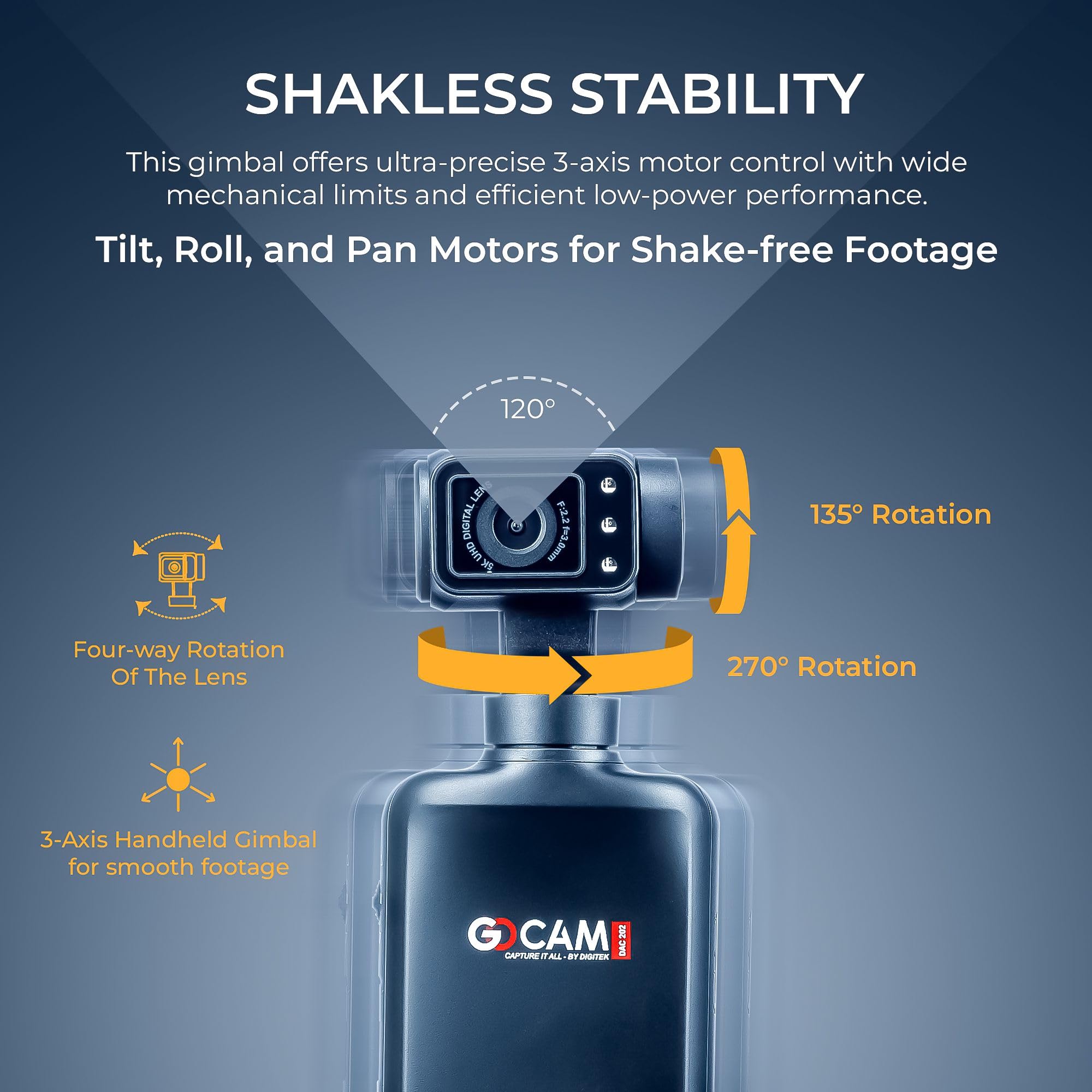 Digitek (DAC 202 5K 3-Axis Handheld Action Camera with AI Face Tracking, 3.5β Rotating Screen, 48MP Sensor, Wi-Fi, Night Vision & External Mic Support 3