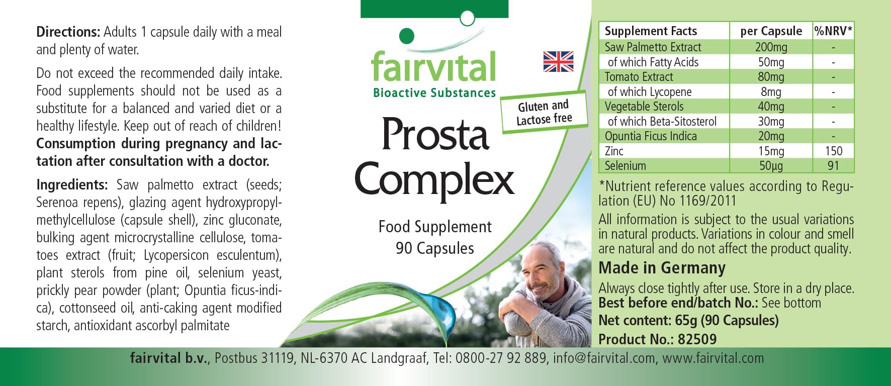 fairvital Prosta Komplex, VEGANO, ALTO DOSAGGIO, 90 capsule, con selenio, zinco, palma nana, licopene, beta-sitosterolo e opuntia