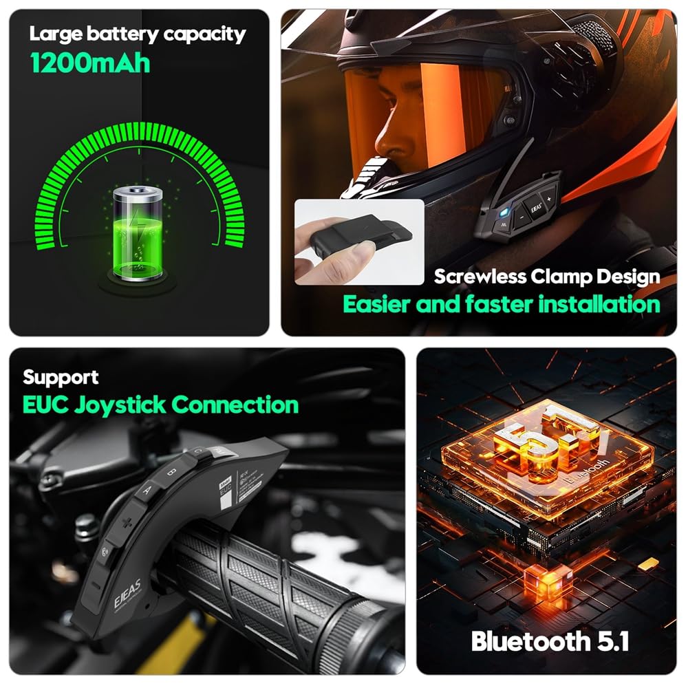 SolaMr MS20 Motocicleta Auriculares Bluetooth, 20 Riders Casco Bluetooth Intercom, 2000M 1200mAh Impermeable Motocicleta Auriculares Sistemas con Compartir Música(One Pack)