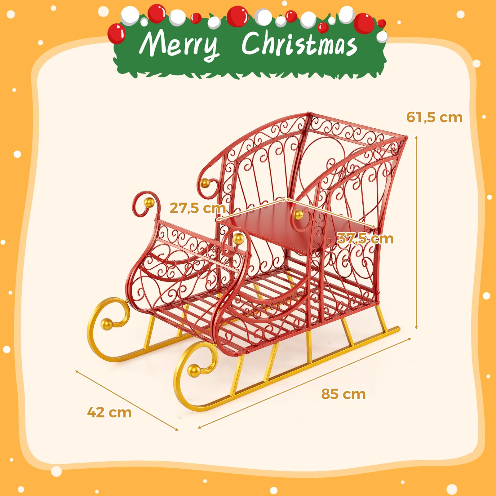 COSTWAY Traîneau de Noël avec Rangement à 2 Niveaux, Decoration Noel Exterieur Interieur, Cadre en Métal, Luge du Père Noël, Décoration de Fête pour Maison Bureau Carnaval, 85 x 42 x 61,5 cm