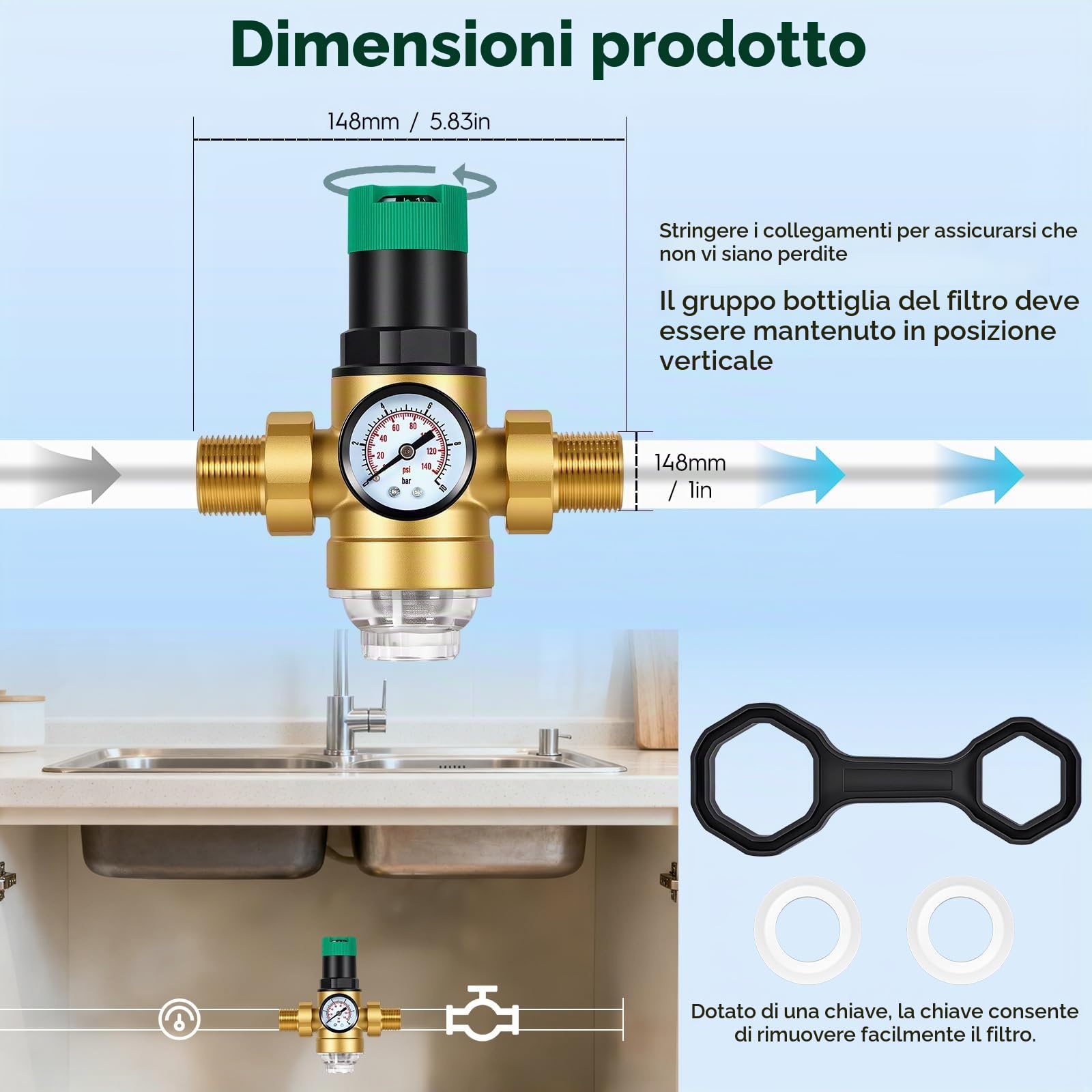 Riduttore di Pressione Acqua 3/4 Pollici, Regolatore di Pressione Acqua in Ottone con Manometro e Filtro a Rete, Riduttore Pressione Acqua Regolabile Adatta per Casa, Giardino, Edifici e Fabbriche