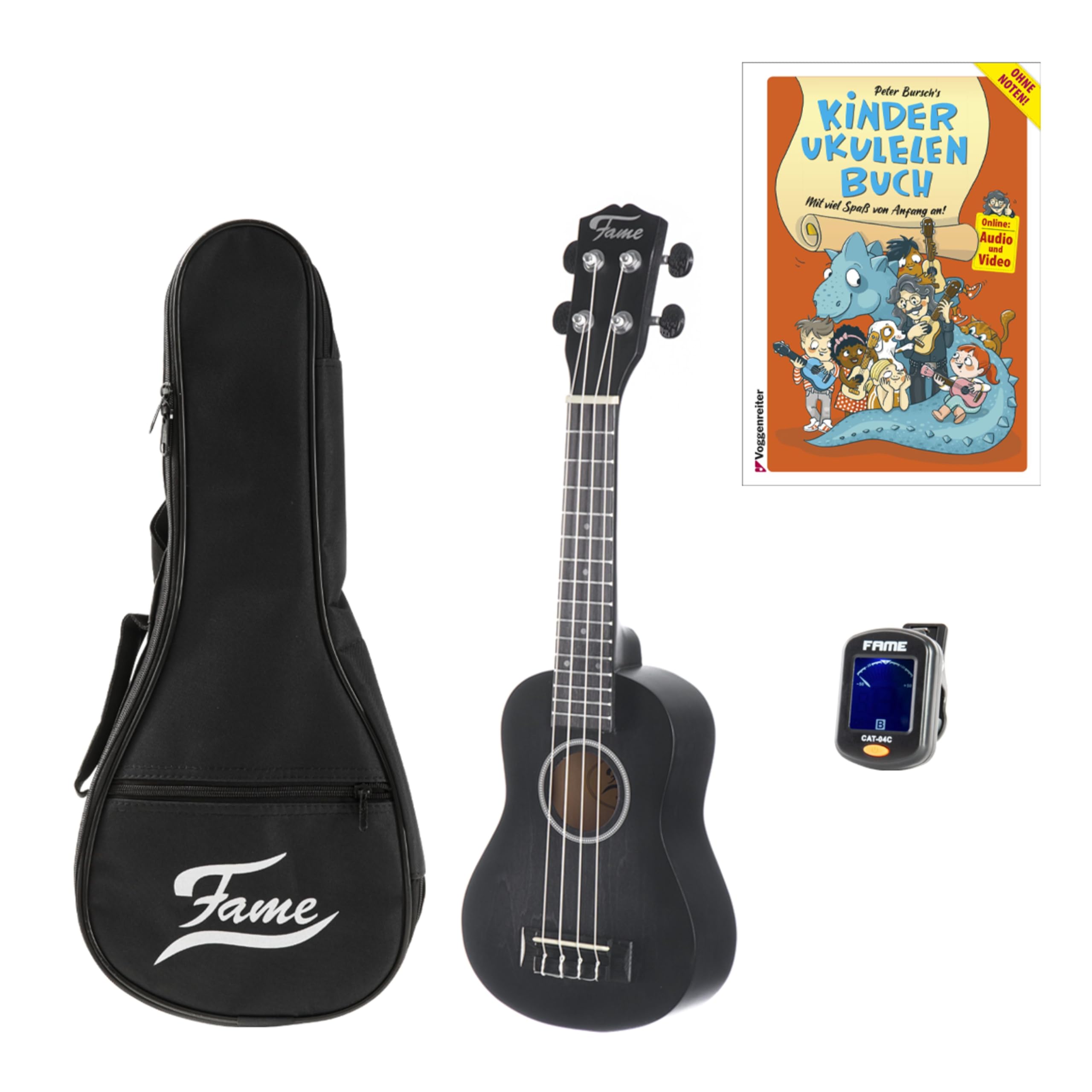 Fame Deluxe Sopran Ukulele Set, Schwarz Matt Finish, inklusive Ukulelenbuch, Clip-on Tuner und Gigbag, Ideal für Einsteiger