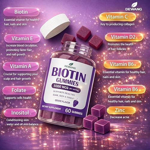 Miniatura 5 de DEWANG Vitaminas para el cabello, la piel y las uñas, biotina, 5000 mcg con vitamina E, C y zinc, vitaminas para el crecimiento del cabello para