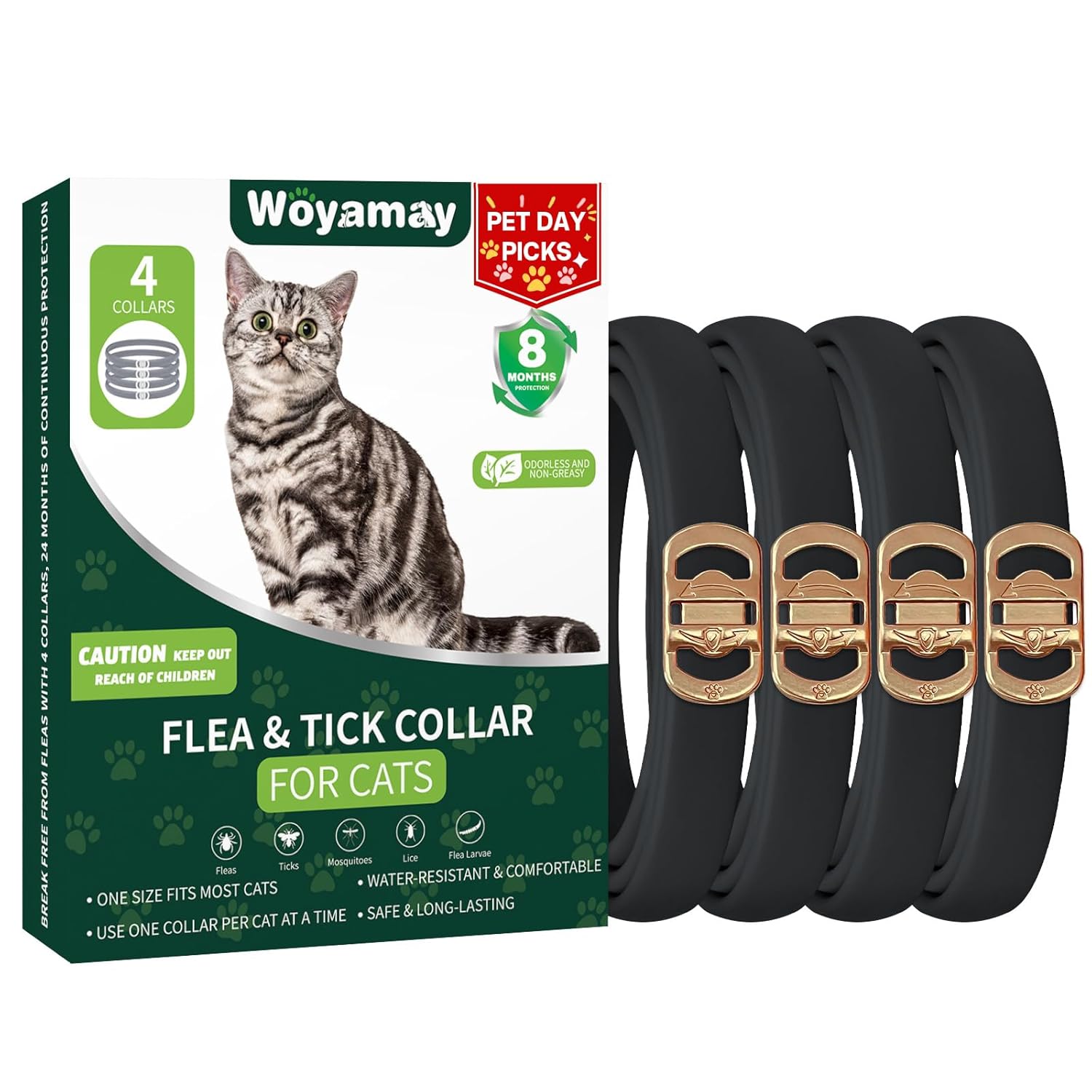 Woyamay 4 Pack Flea Collar for Cats, Cat Flea and Tick Treatment, 32-Month Flea and Tick Prevention for Cats, Waterproof Cat Flea Collar, Adjustable Cat Flea and Tick Collar for...