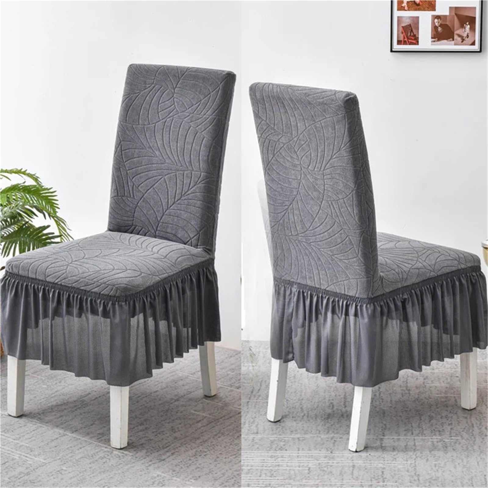 Stuhlhussen 6 Stück Jacquard-Stuhlhussen mit Rock, elastisch, einfarbig, Stuhlhussen for Zuhause, Wohnzimmer, Hotel(Green)