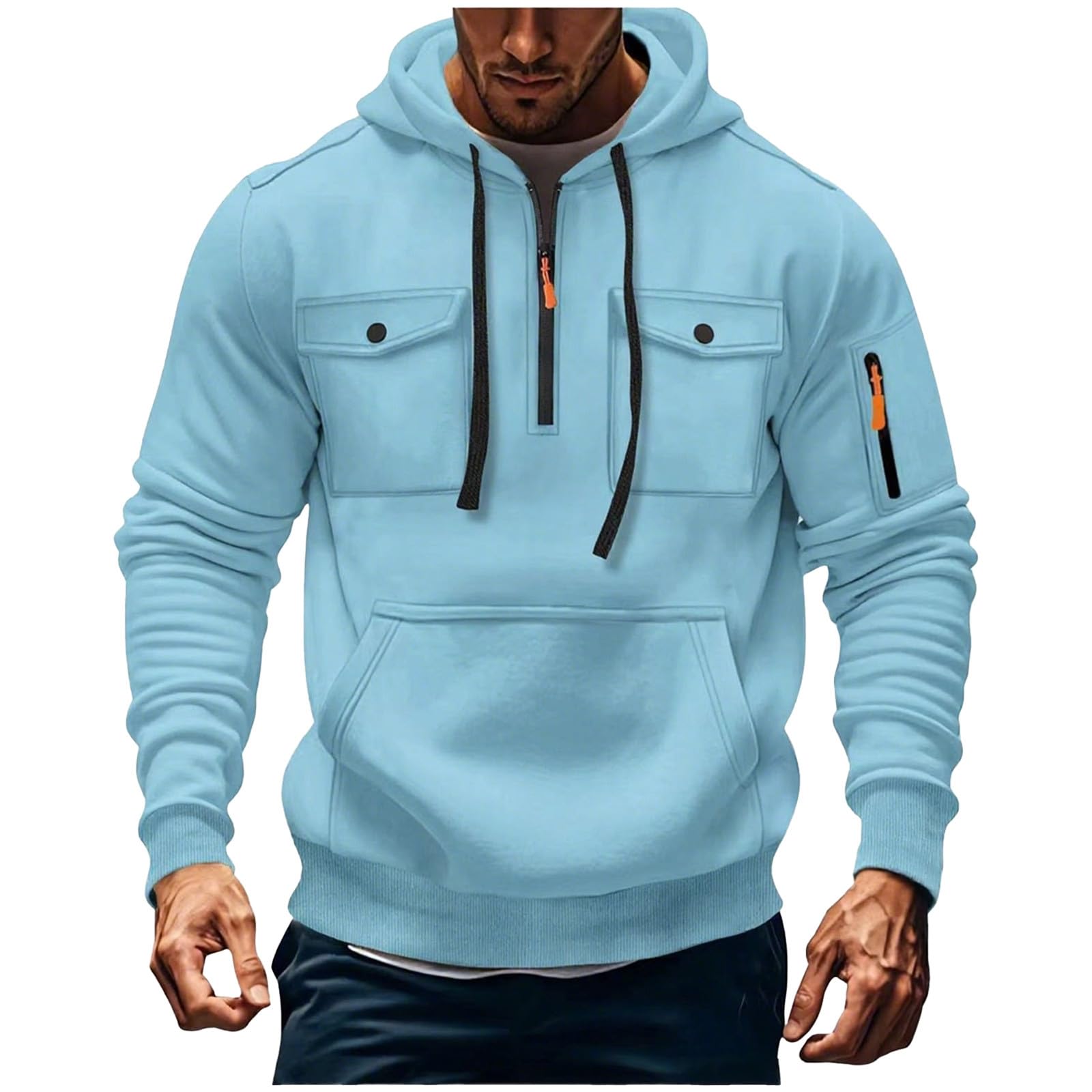 RRMuAzgs Men's Fashion Hoodies & Sweatshirts Quarter-Zip Drawstring Hooded Shirts Causal Long Sleeve Tactical Cargo Pullover