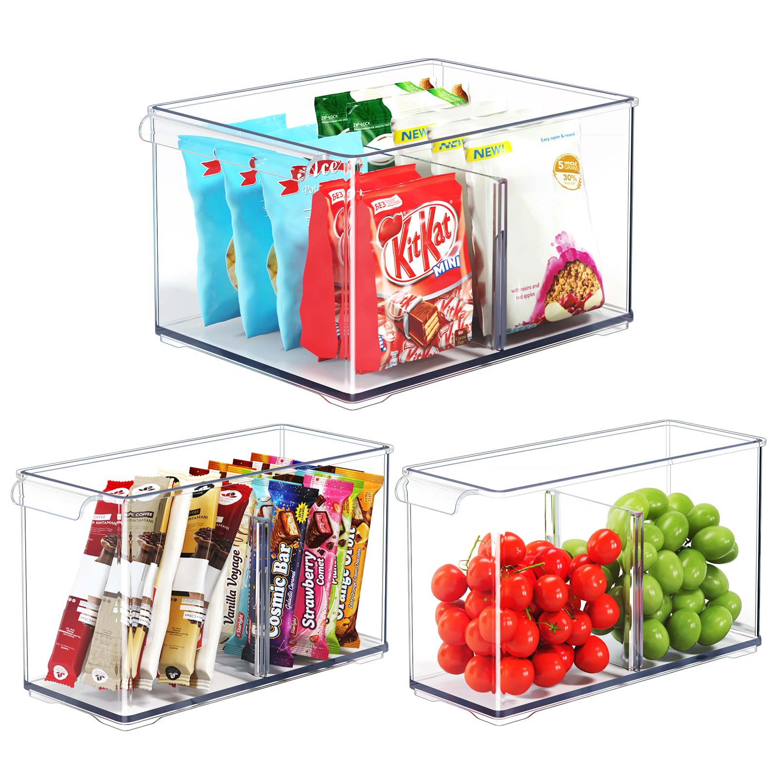 Clear Plastic Storage Bins with Dividers for Fridge Pantry Organizers and Storage Containers, 3 Pack Acrylic Stackable Sturdy Storage Boxes for Home Edit and Cabinet Organizers C6-1