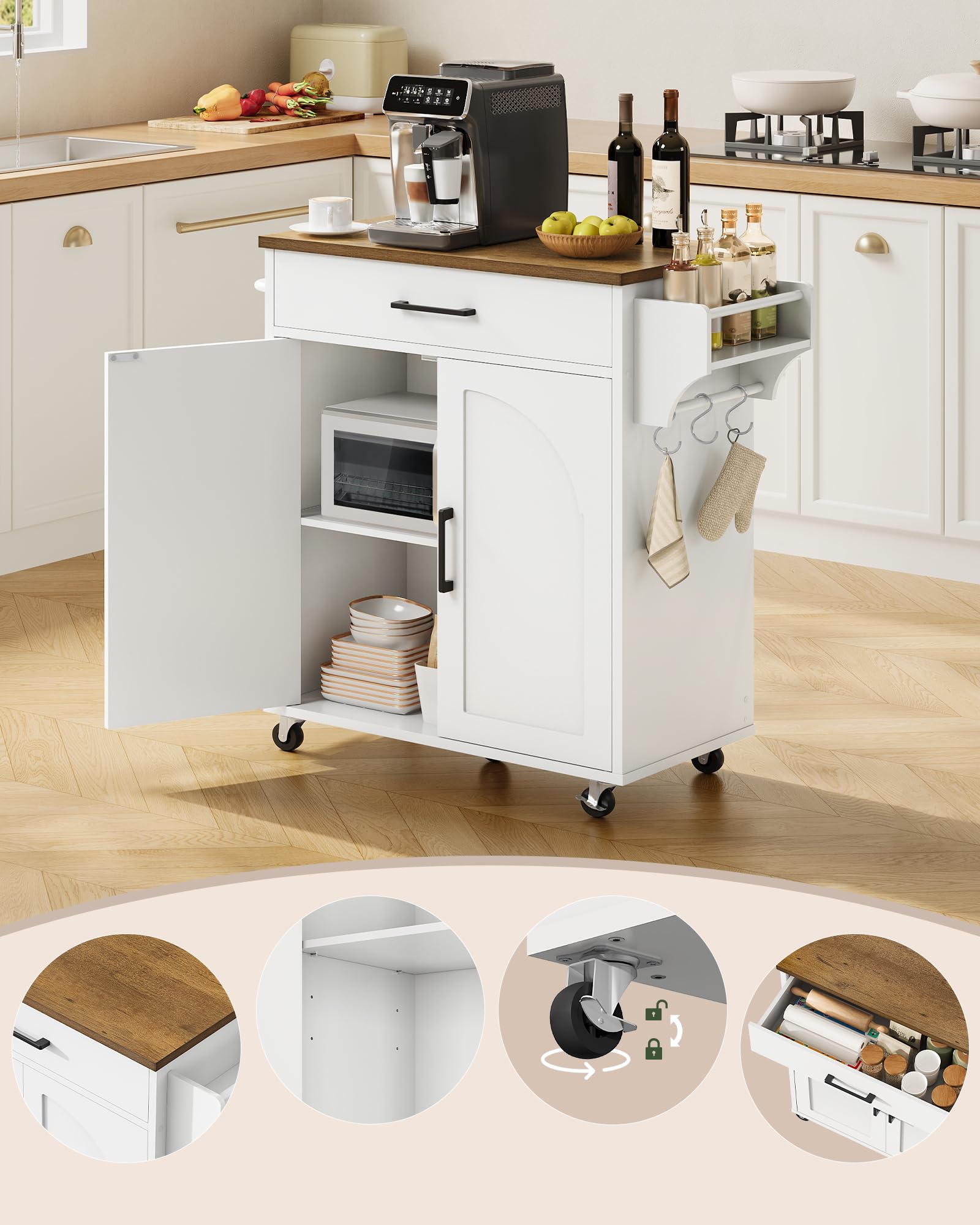 CHOEZON Isola da Cucina Mobile Stile Rustico, Mobile da Cucina con Rotelle con Contenitore, Carrello di Servizio con Cassetto e Ganci, Ripiano Porta Spezie, Bianco e Marrone Noce DMZD05WL