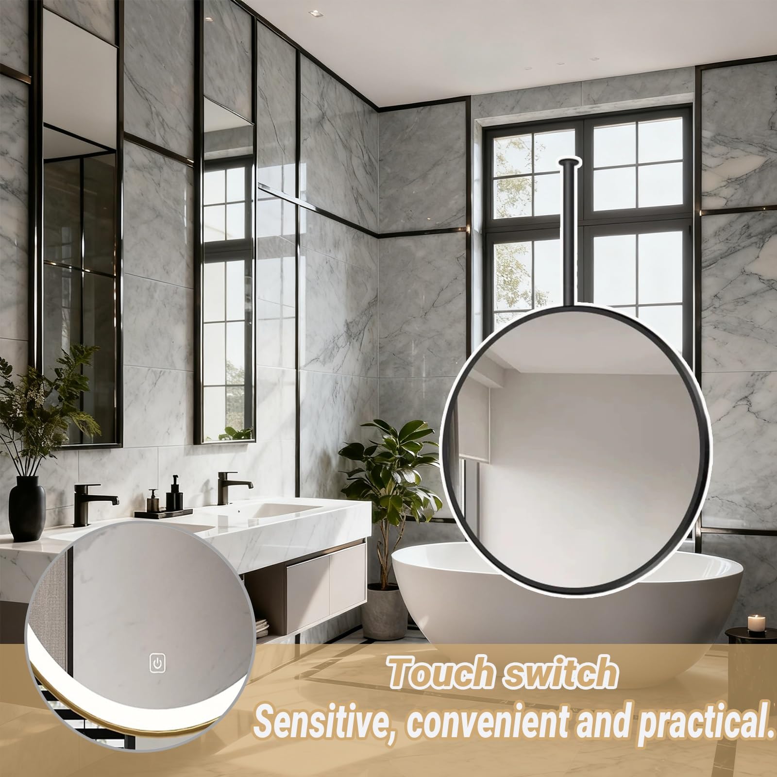 Specchio Da Bagno Rettangolare Da Soffitto Con Luce LED Specchio Vanity 3 Temperature Colore Trucco Antiappannamento Intelligente(Black,60cm/23in)