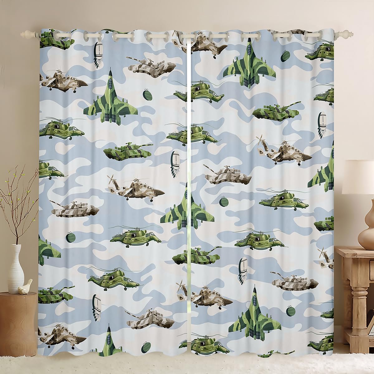 richhome Army Military Curtains for Bedroom Living Room Camouflage Print Blackout Shades Tank Aircraft Curtain Army Green Window Treatments, 2 Panels W46*L72 Decor