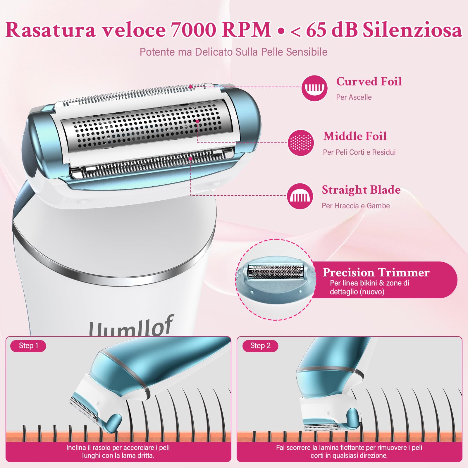Ruycllo Rasoio Elettrico Donna 2 in 1, Rasoio Intimo Donna e Trimmer Bikini IPX7 Impermeabile, Trimmer Intima con Display LED per Gambe, Ascelle e Zona Intima con Custodia da Viaggio