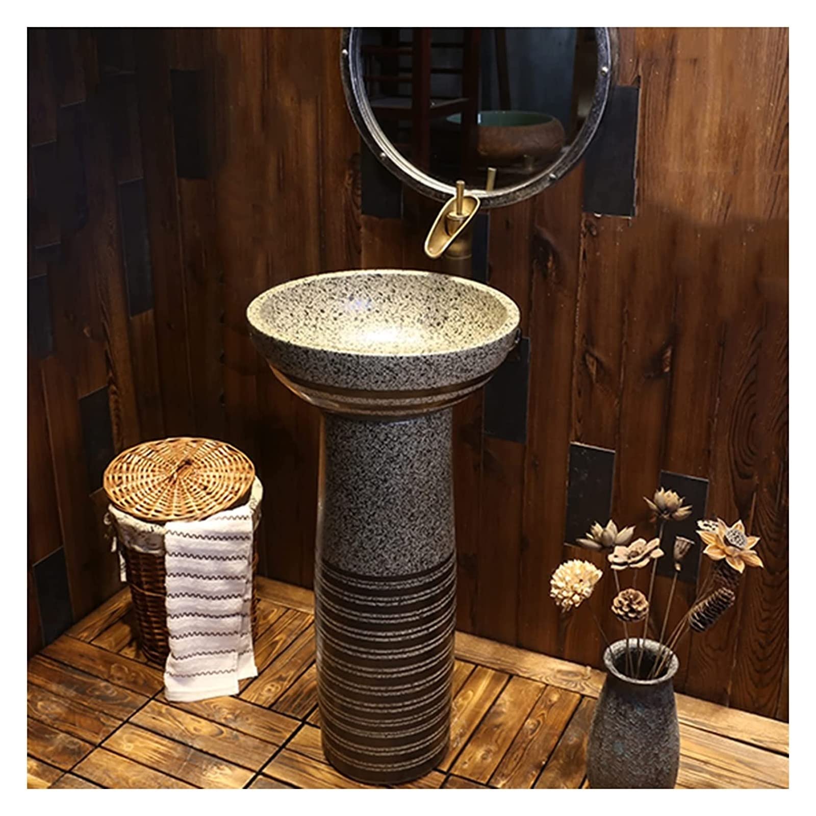 OLSKFUH Freestanding Pedestal Sink Floor Standing Art Sink Pedestal Sink Handcrafted Ceramic Wash Basin Pedestal Washbasin, Kaolin Clay Pedestal Sink Round Freestanding Sink For,H-With mirror