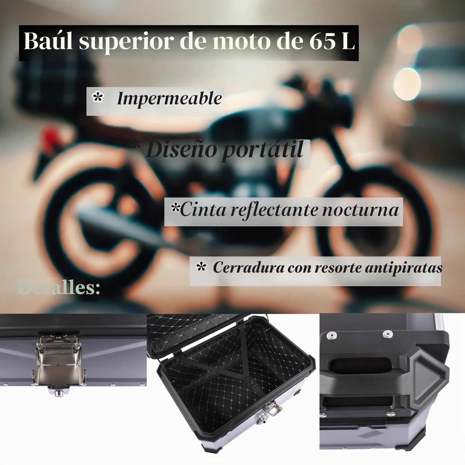 Plata 65L Maletín Superior para Moto, Maletín Universal de Aluminio Impermeable con Cierre de Seguridad para Guardar el Casco