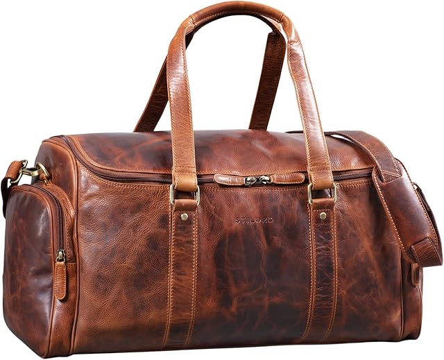 STILORD 'Myles' Vintage Travel Bag Men's Leather Weekender to wear Overnight Duffle Bag Large Luggage XL genuine cowhide, Kolor:kara - koniak