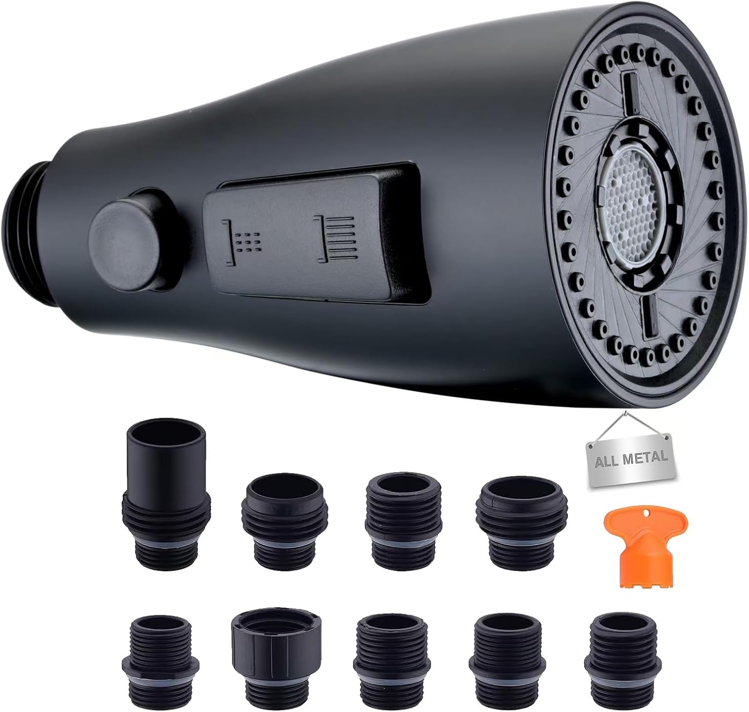 Stainless Steel Kitchen Faucet Head Replacement, Matte Black 3-Function Pull Down Spray Head for Pull-out Kitchen Faucet, High Pressure Sink Spray Nozzle with 9 Adapters Compatible with Most Faucets