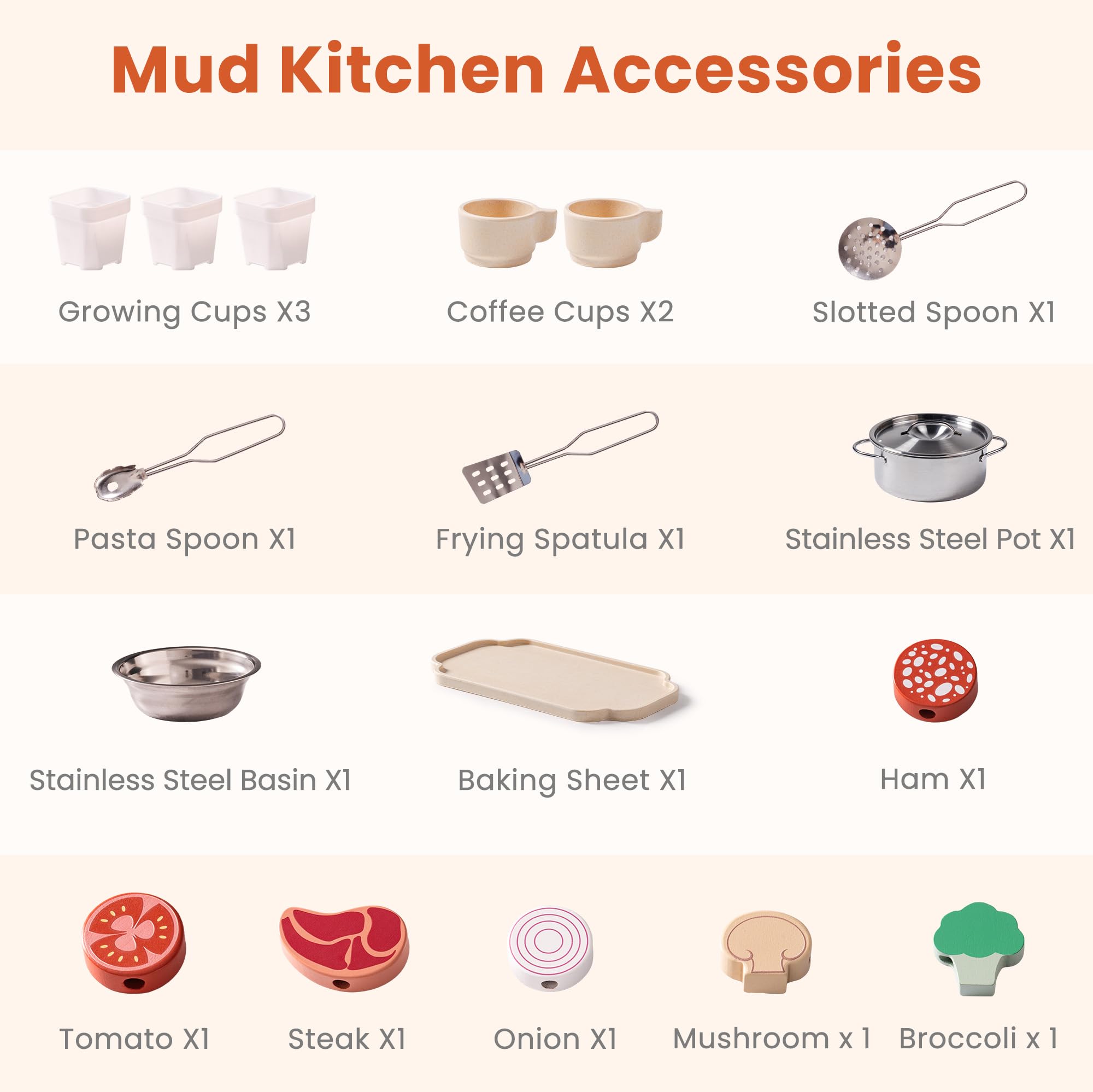 ROBUD Cucina da gioco in legno per bambini, cucina da esterno con lavello, macchina per il caffè, griglia per barbecue, forno e lavagna, gioco di finzione con accessori per bambini bambine 3+