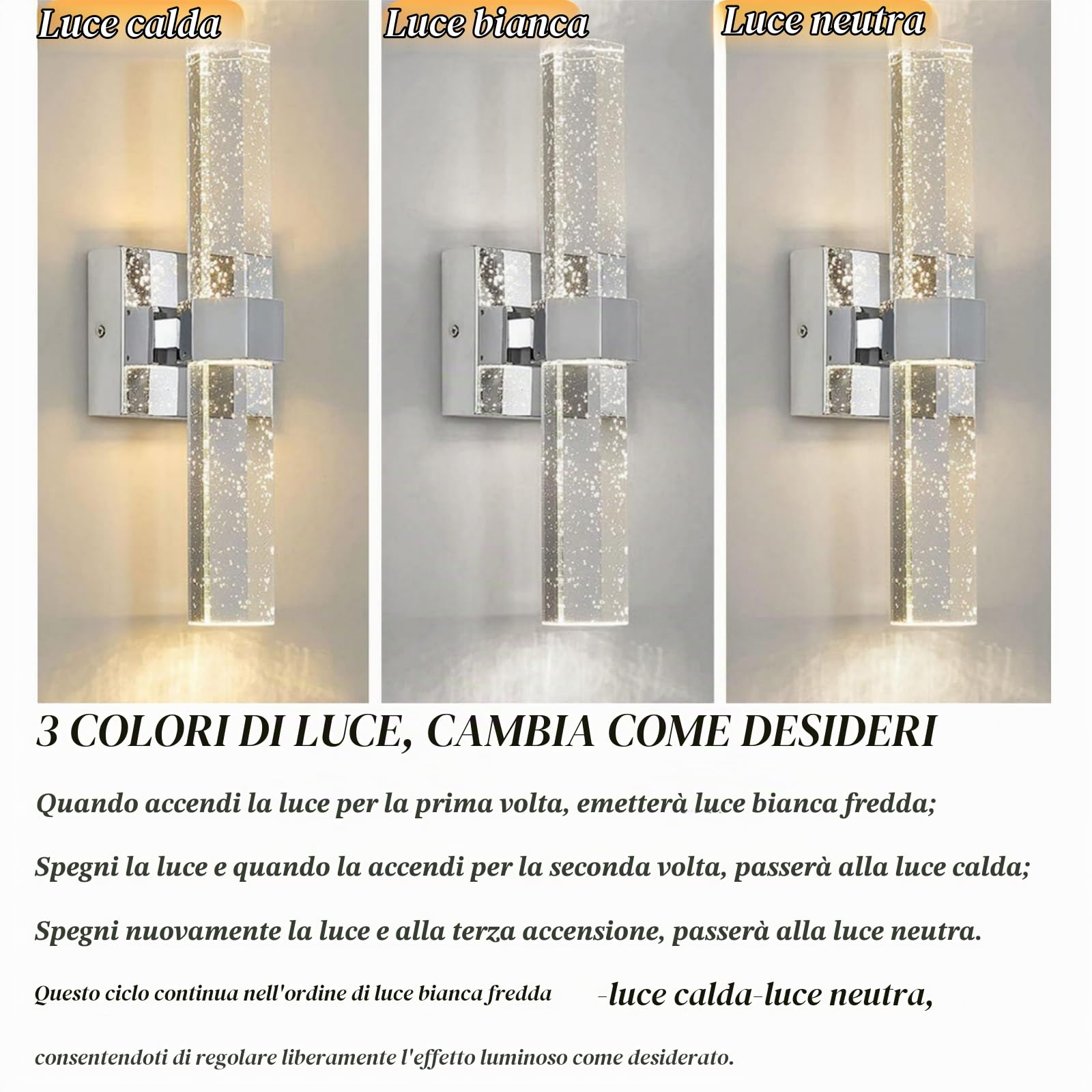 Luci da Parete per Interni Paralumi di Cristallo per Lampade a Parete Lampada da Parete a LED Applique Tricolori per Hotel,Camera da letto,Corridoio,Bagno,Illuminazione per Interni (Cromo)