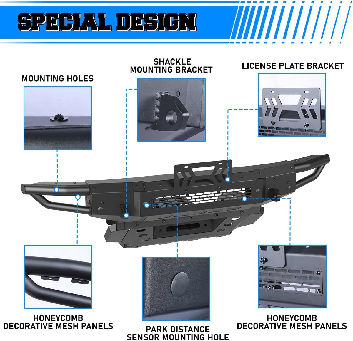 Išsamus view of ROXX Front Bumper highlighting mounting holes, shackle bracket, license plate bracket, honeycomb mesh, and sensor hole