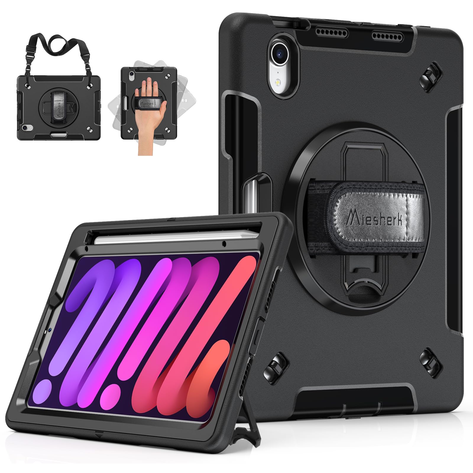 Miesherk Case for iPad Mini 7/6 8.3'' Military Grade Heavy Duty Shockproof Case with Stand Shoulder Strap Pencil Holder for iPad Mini 6th Generation A2567 A2568 A2569 Black