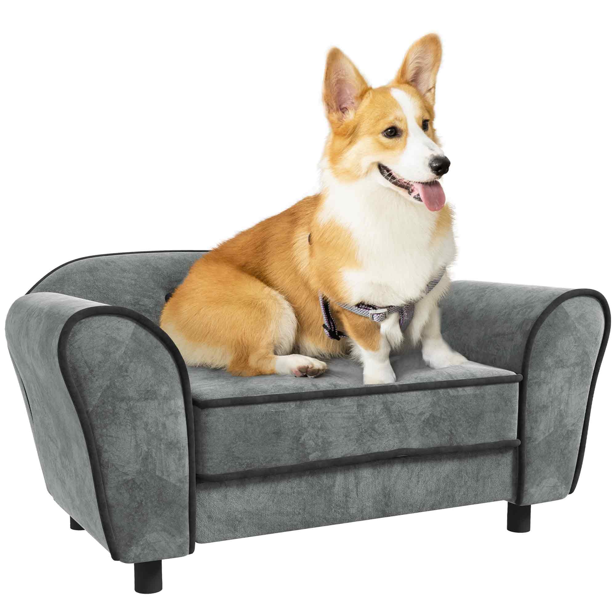 PawHut Canapé pour Chien, canapé pour Chat, Dossier capitonné au Toucher Velours néerlandais, Housse de Coussin Lavable, canapé pour Animaux domestiques, 74 x 41 x 32,5 cm, Gris