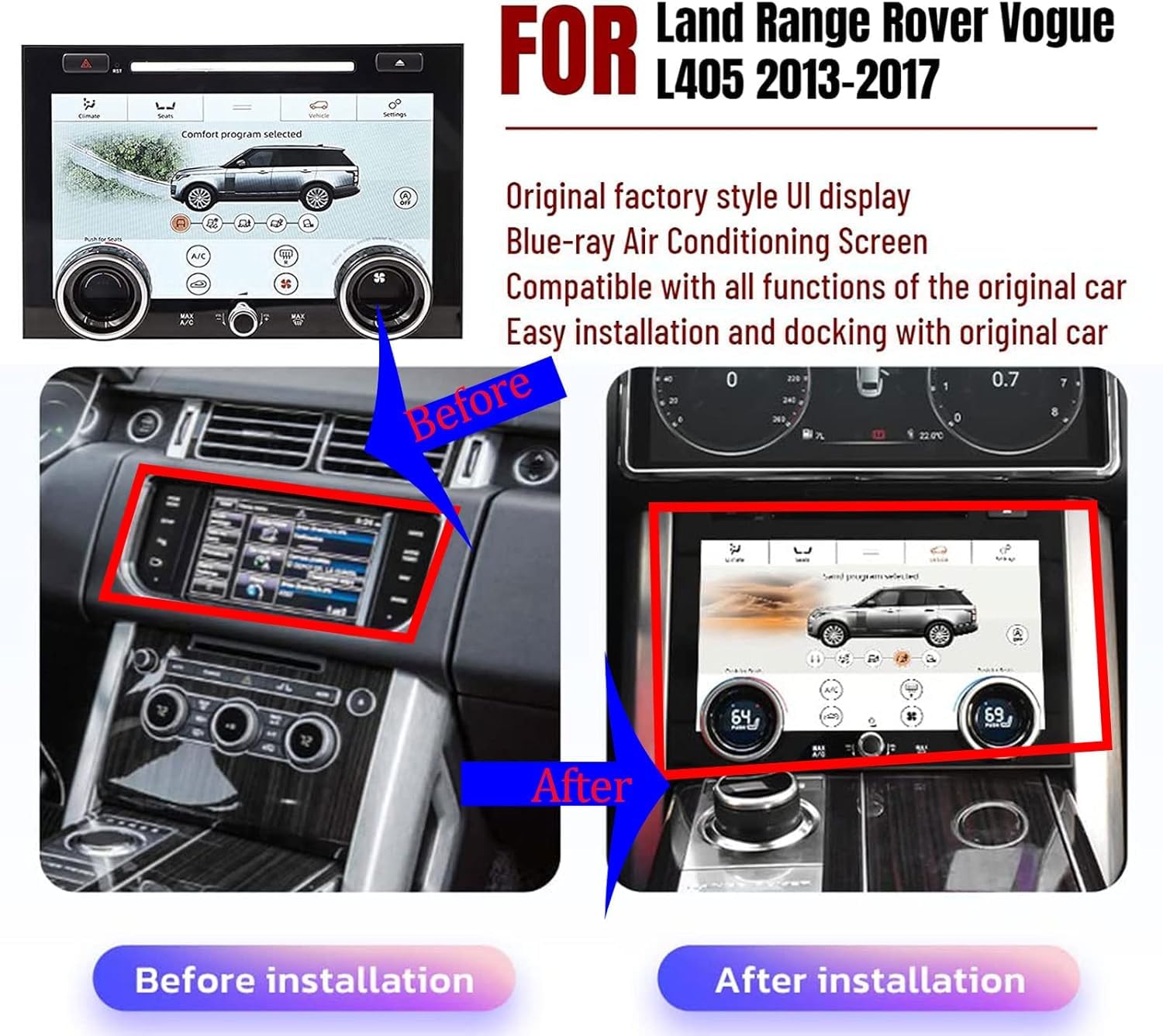 ASVEGE Auto-Klimaanlage Klimasteuerung AC Panel für Land Rover Range Rover Vogue L405 2013-2017, Auto 1080p LCD AC Touchscreen Ersatz, Upgrade-Version mit Installationsanleitung