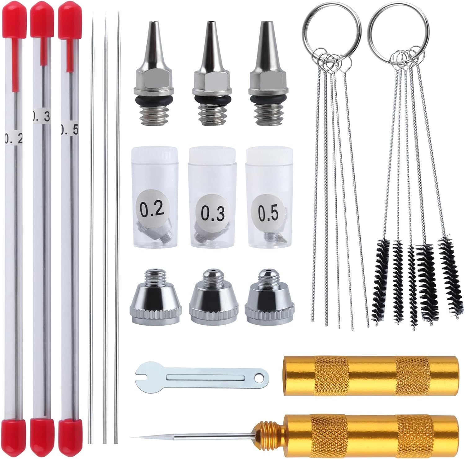 LEONTOOL 21 Pcs Airbrush Nozzle Cap Kit 0.2mm 0.3mm 0.5 mm Airbrush Needle Replacement Parts for Different Spraying Effects, Mini Wrench and Air Brush Cleaning Kit for Air Brush Sprayer Accessories