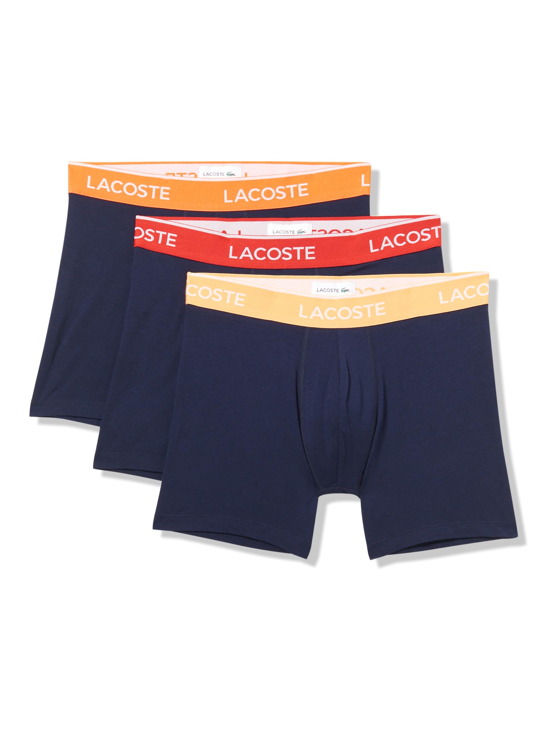 Lacoste Men's Cotton Stretch Essentials Boxer Briefs, 3-Pack, Navy Blue/Orange/Red, Large