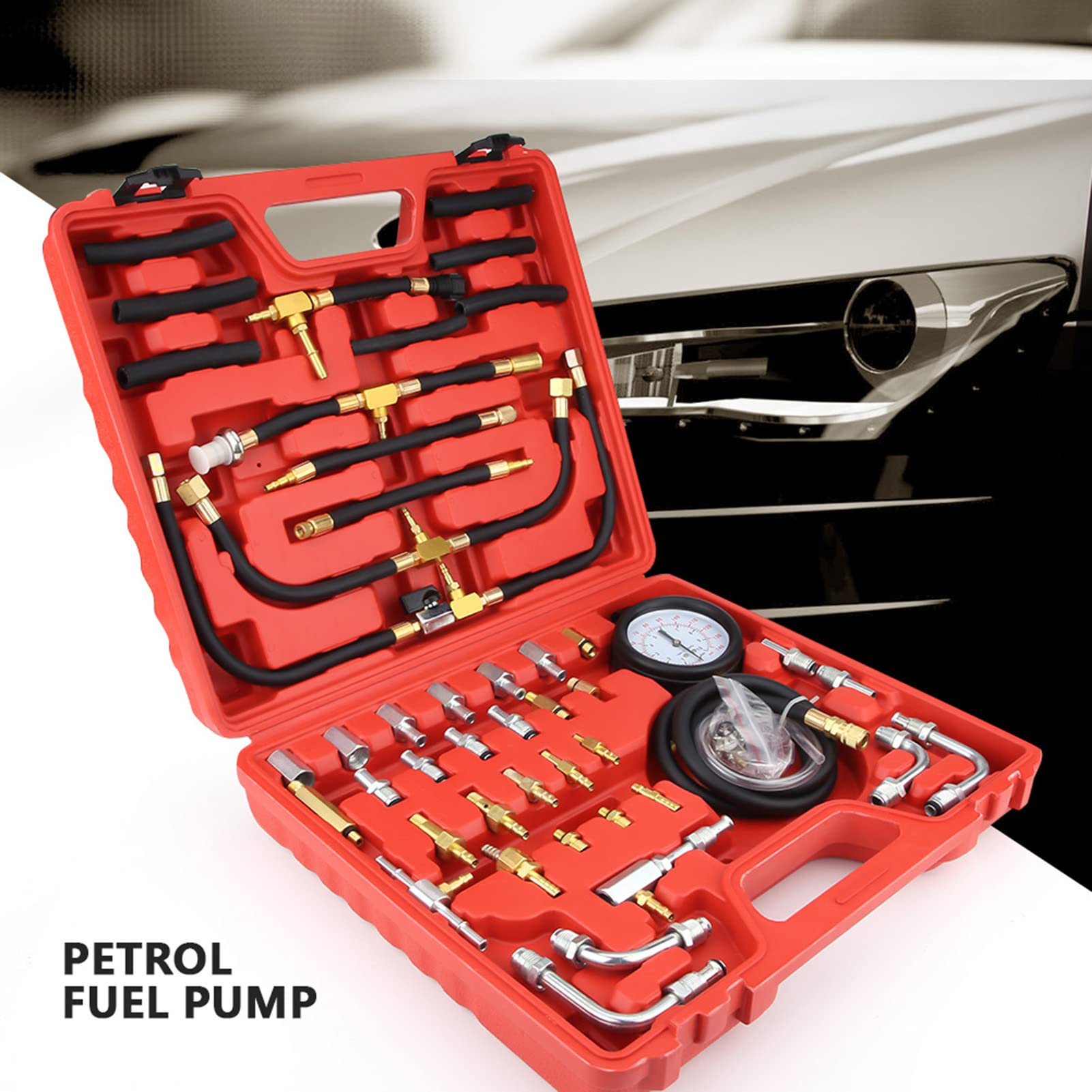 Cryfokt Medidor de Kit Universal de Prueba de Medidor de Presión de de Gasolina, Válvula de Alivio, Bien Organizado en Estuche Moldeado por Soplado, Adecuado para la Mayoría de Automóviles y Camiones,