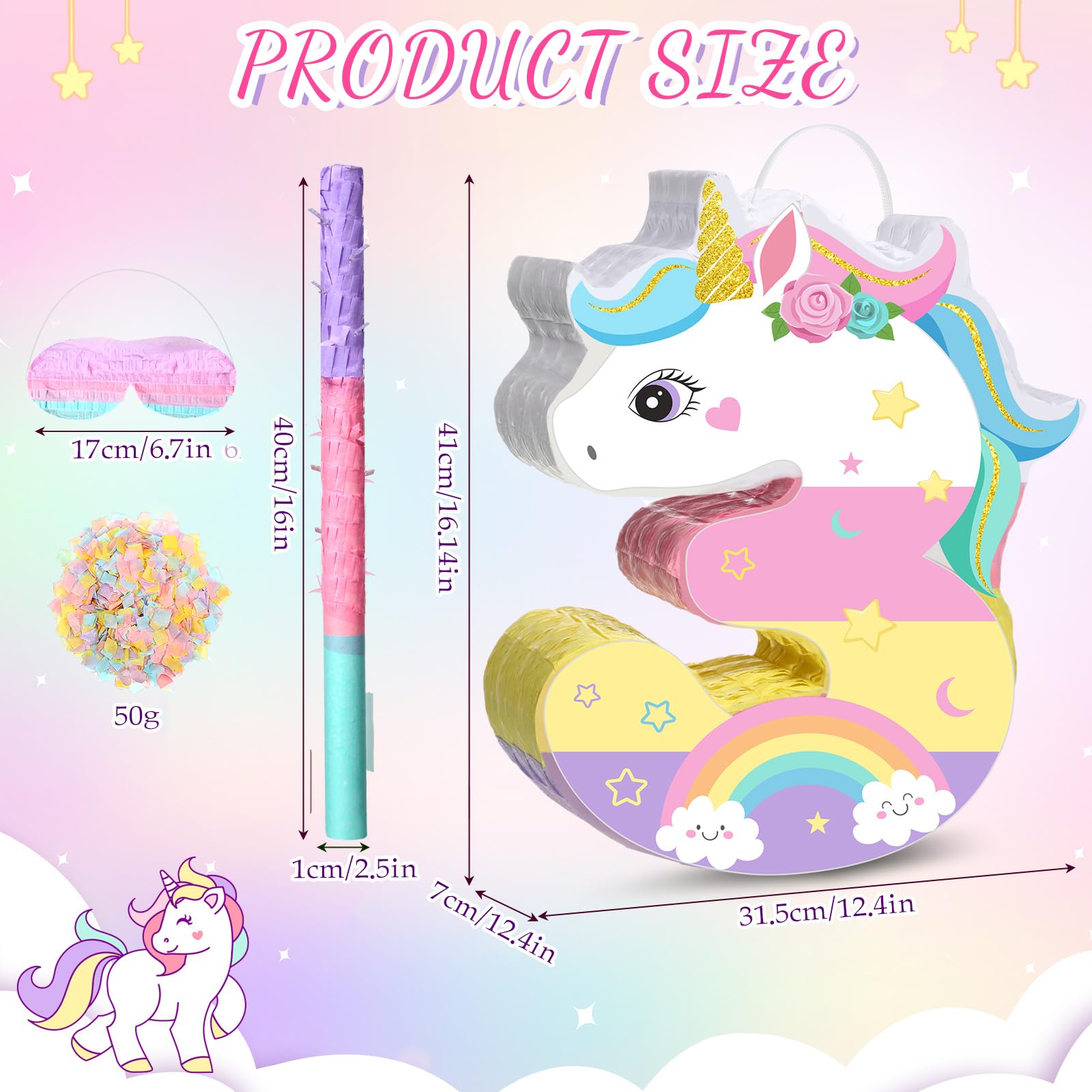 Pinata de Licorne pour 3ème Anniversaire de Fille Pinata en Forme de Numéro 3 avec Bâton Bandeau des Yeux Confettis pour Décorations de Fête de 3ème Anniversaire