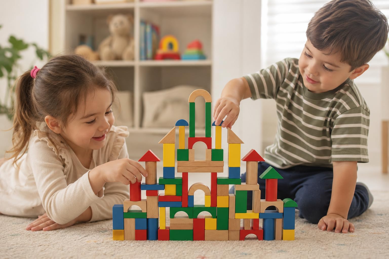 Nene Toys Bloques De Construcción De Madera 100 Piezas – Set FSC En Colores Pastel, Juguete Montessori Apilable Para Niños 1-3 Años