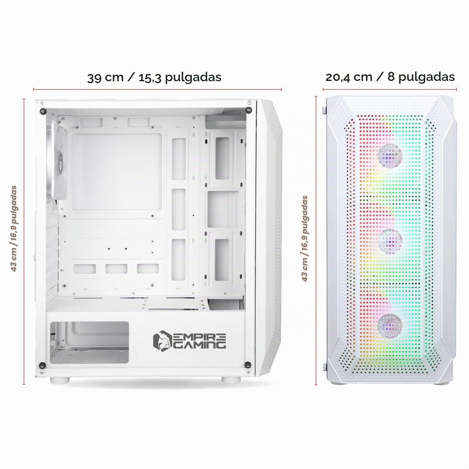 EMPIRE GAMING - Caja PC Gamer Ruby - ARGB Torre Mediana ATX, Micro ATX e ITX - Frontal de Malla - 4 x120mm LED RGB Direccionable Ventiladores 3 Pines 5 Voltios - MB Sync - Blanco