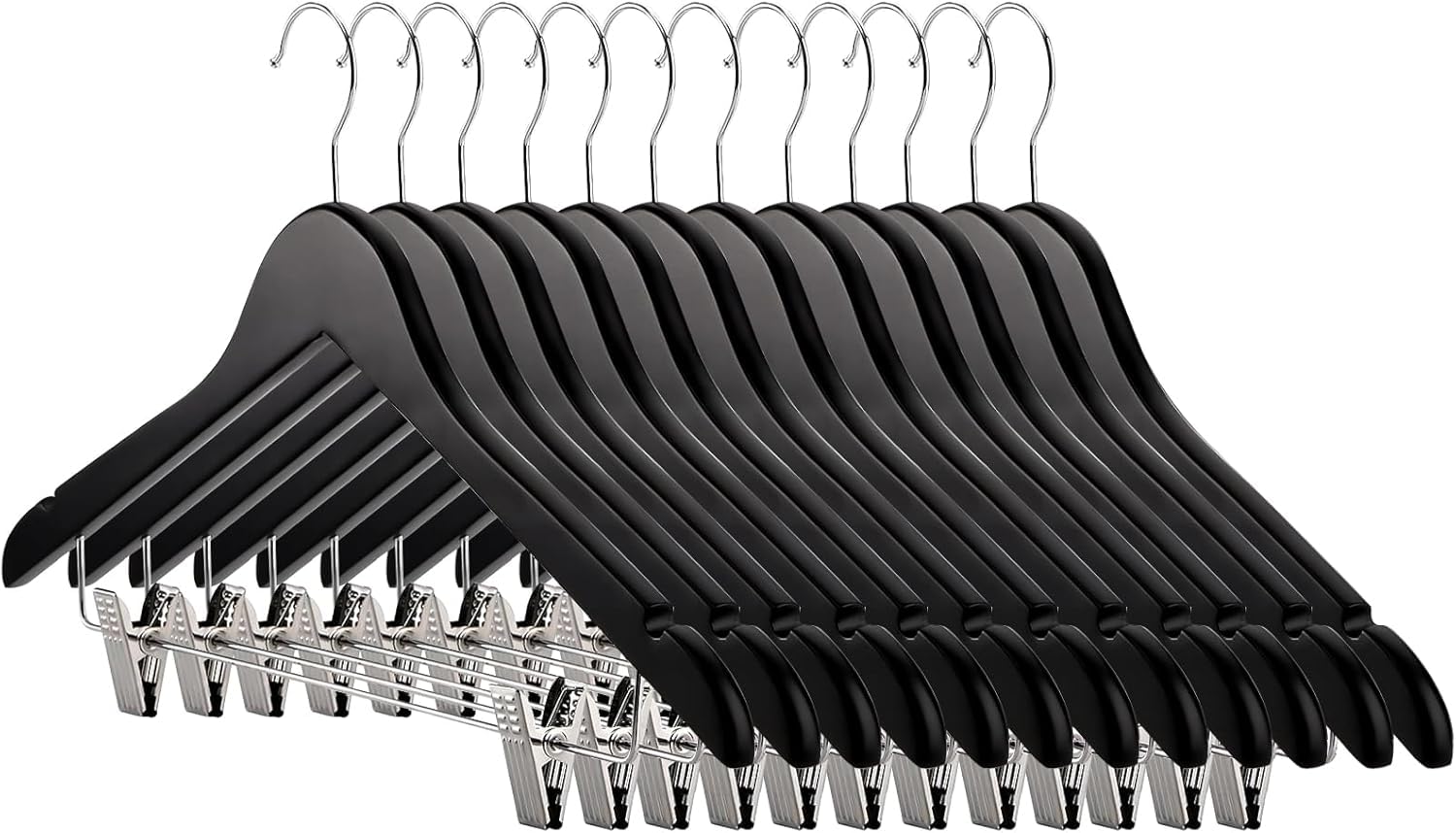 12 Pack Black Wooden Hangers with Clips, Solid Wood Suit Skirt Hangers with Heavy Duty Clips, Smooth Finish Black Wooden Hanger for Clothes Coat Jeans Blouse Pants