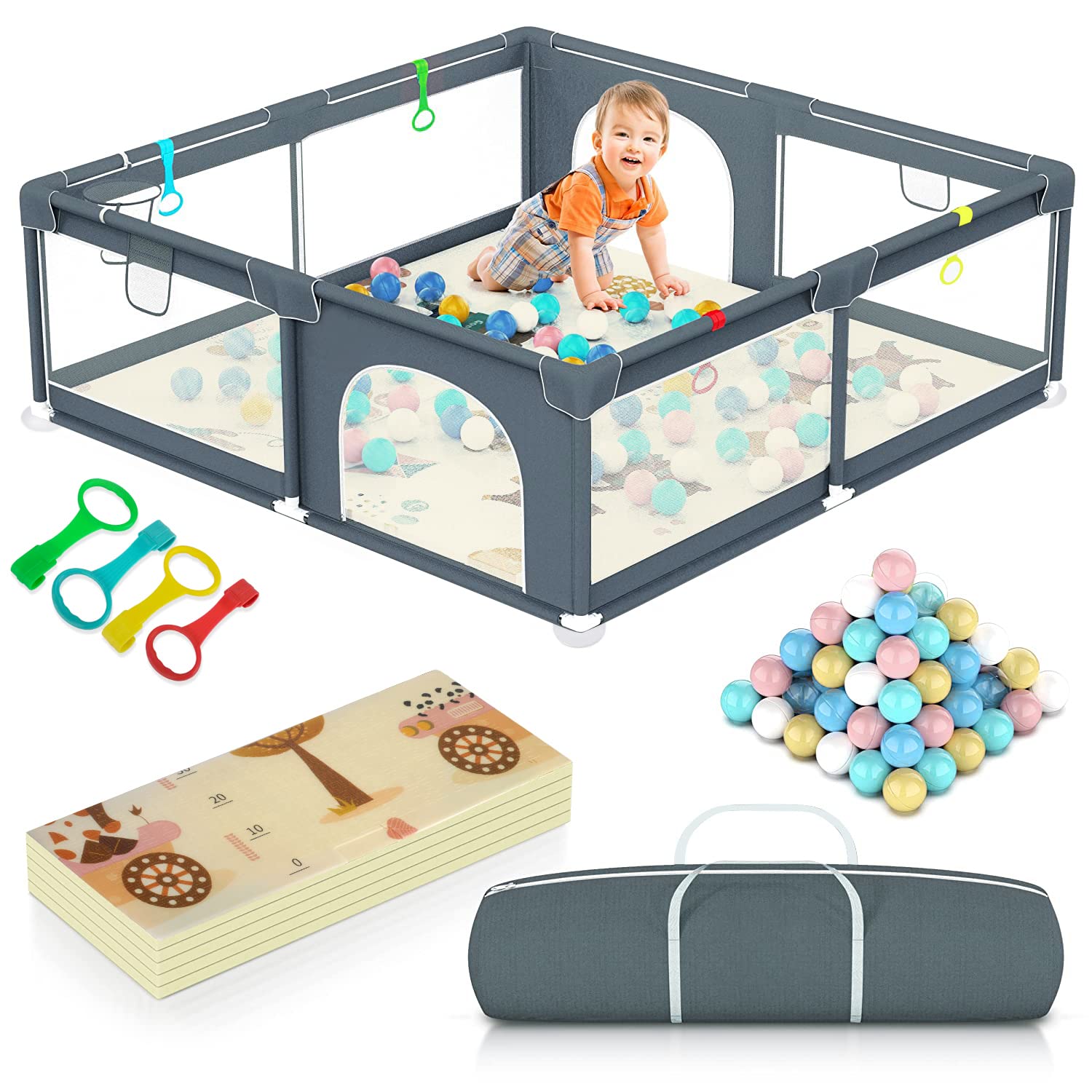 Begally Baby Playpen, 180cm Extra-large Playpens Play Yard with 50 Balls Pit, 4x handlers, Baby Play Gates with Basket Net, Playards Fence for Toddler Babies with Breathable Mesh (180 x 150 x 66cm)