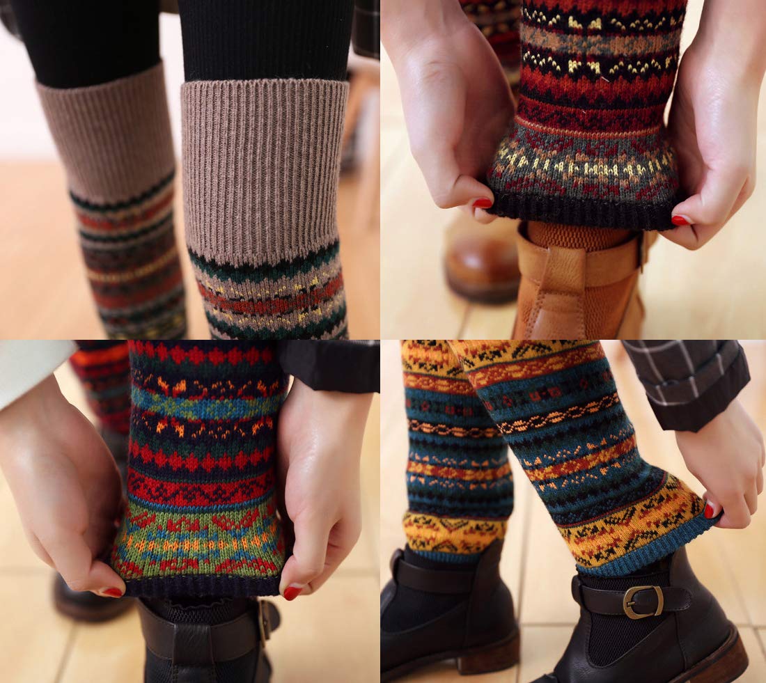 Durio Calentadores largos de invierno para mujer, calentadores de piernas de punto gruesos, calentadores de piernas bohemios, Negro caqui y azul marino, Talla única